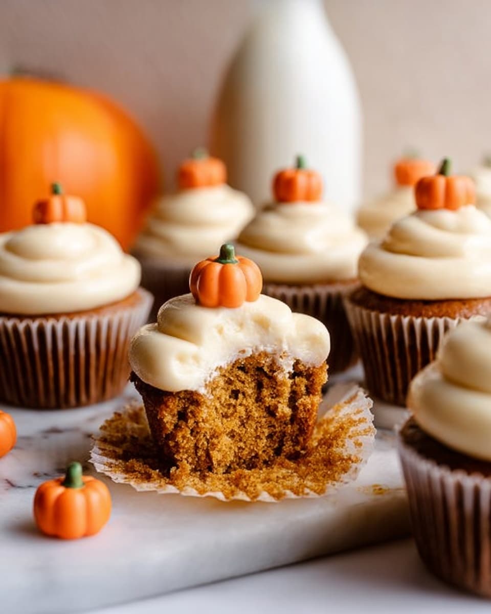 The image shows several cupcakes with one cupcake in the front partially eaten, revealing a moist, orange-brown cake layer. Each cupcake is topped with a thick layer of creamy, light cream-colored frosting shaped in a swirl with a small peak. Tiny bright orange pumpkin decorations are placed on some of the cupcakes and scattered around them. The cupcakes are in brown paper liners and set on a white marble surface with a soft background that includes a slightly blurred white bottle and a small orange pumpkin. The lighting is warm, giving the scene a cozy fall feeling. Photo taken with an iphone --ar 4:5 --v 7