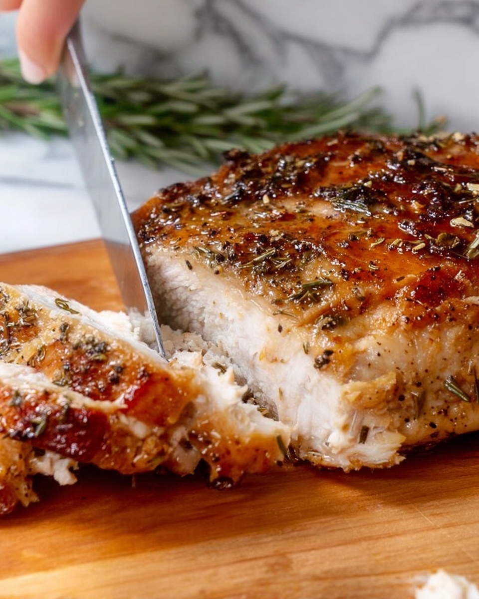 The image shows a close-up of a cooked piece of meat being sliced with a knife. The meat has a golden brown, crispy skin on the top layer with visible herbs and seasoning scattered throughout. Beneath the skin, the meat is tender and white, showing a clear contrast between the crispy outer layer and the soft inside. The meat is placed on a wooden board, and a woman's hand is visible holding the knife, carefully slicing through the layers. The background features a white marbled texture with a hint of green from a rosemary sprig in the distance. Photo taken with an iphone --ar 4:5 --v 7