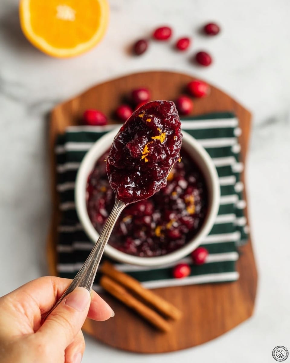 A close-up of a woman's hand holding a silver spoon with a chunky dark red jam that has small bright orange pieces mixed in. The spoon is lifted in front of a white bowl filled with the same jam, placed on a black and white striped cloth on a wooden board. Around the bowl on the board are some fresh whole dark red cranberries and two cinnamon sticks. In the top left corner, a half orange is visible. The background surface is white marble. photo taken with an iphone --ar 4:5 --v 7