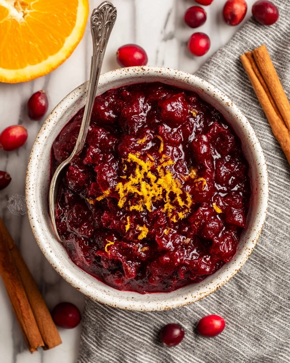 A white bowl filled with deep red cranberry sauce, showing a thick, chunky texture with small whole cranberries throughout. The sauce is topped with two orange slices and a sprig of rosemary with some bright red cranberries on it. A brown wooden spoon rests inside the bowl. Nearby, there are mashed potatoes with a sprinkle of green herbs in a white bowl, golden biscuit rolls in another white bowl, and a small white container with black pepper. All dishes are placed on a white marbled surface. Photo taken with an iphone --ar 4:5 --v 7