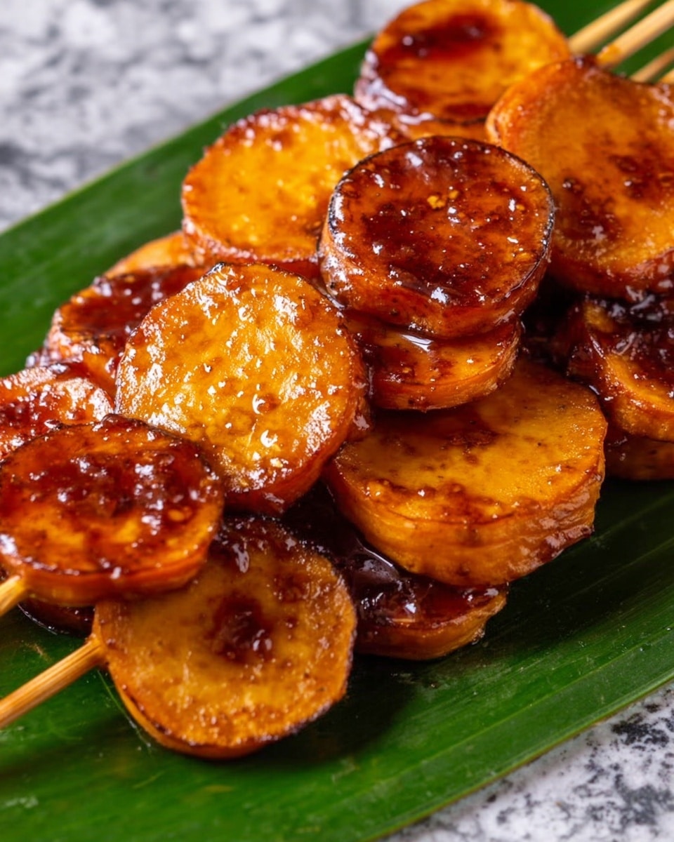 The image shows several pieces of golden brown glazed sweet potatoes on wooden skewers, arranged in a pile on a long green leaf. Each piece has a shiny, sticky caramelized sauce coating it unevenly, with darker spots of sauce pooled in places. The sweet potatoes are round and thin, showing a slightly crispy texture at the edges with a soft inside. The background is a white marbled texture. photo taken with an iphone --ar 4:5 --v 7
