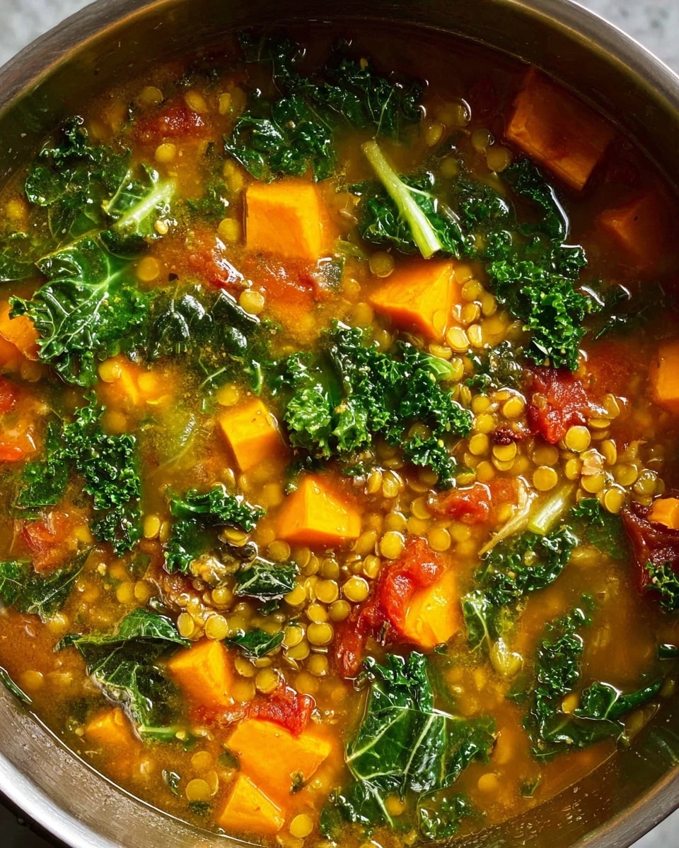 The image shows three white bowls filled with a thick vegetable soup placed on a white marbled surface. Each bowl holds a deep brown broth with visible orange chunks of sweet potato and green leafy kale floating on top. There are also small round lentils and scattered dark green pumpkin seeds in the soup. On the surface of each bowl, crunchy golden-brown croutons are spread along with a sprinkle of fine light yellow powder, likely nutritional yeast, and some fresh parsley leaves for garnish. One white bowl at the bottom of the image has a woman's hand holding a spoon inside it, ready to eat. A light blue cloth napkin lies underneath that bowl, adding a soft texture to the scene. Photo taken with an iphone --ar 4:5 --v 7