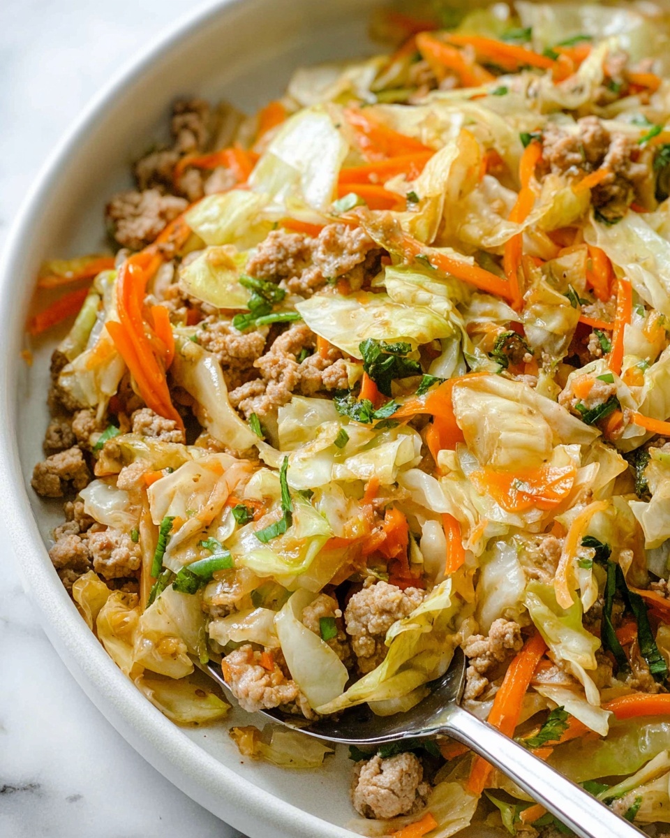 A close-up top view of a cooked dish in a silver metal pan showing layers of small crumbled light beige cooked meat mixed with chopped white cabbage and bright orange carrot slices scattered throughout. The dish is garnished with finely cut green chives and sprinkled with small white sesame seeds. Thin light brown pieces resembling tofu skin or strips are mixed in, adding a different texture. A silver spoon rests on the right side of the pan, partly submerged in the mixture. The background surface is a white marbled texture photo taken with an iphone --ar 4:5 --v 7