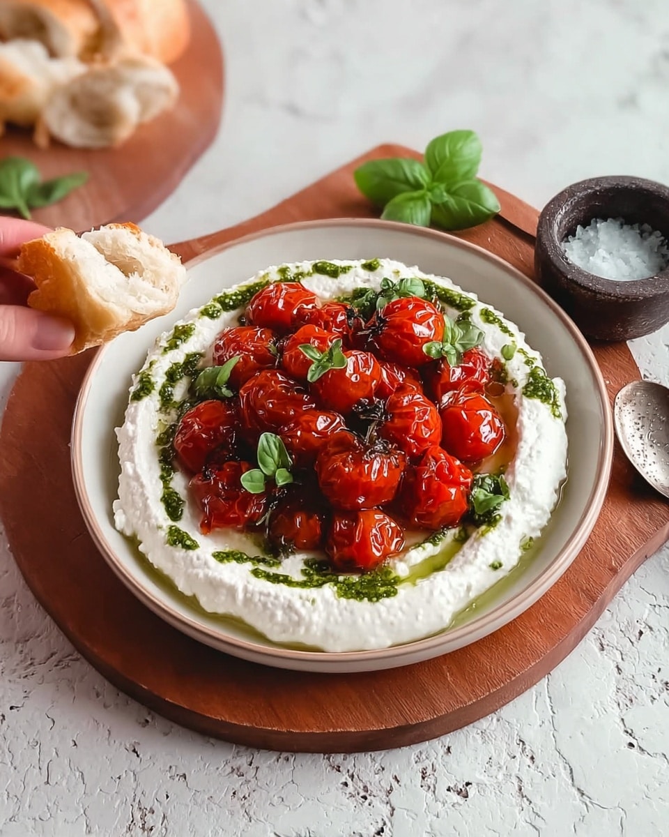 A white plate holds a dish with two main layers: the bottom layer is smooth, creamy white cheese spread in a wide circle, topped by a heap of bright red roasted cherry tomatoes with a shiny texture. Around the tomato pile, there are thin swirls of green pesto sauce adding contrast, and a few fresh green basil leaves scattered on top. The plate sits on a wooden board with a silver spoon beside it, next to a small dark container with coarse white salt and some fresh basil leaves. In the background on a white marbled surface, there is a piece of bread with some of the cheese and tomato topping being picked up by a woman's hand. Photo taken with an iphone --ar 4:5 --v 7