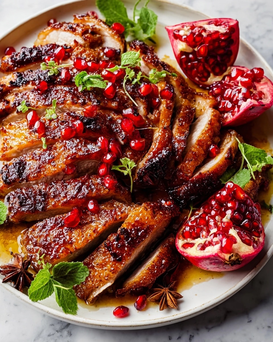 A plate with three layers of roasted meat, two large drumsticks placed on the left and a sliced section of meat arranged in the center with a golden-brown crispy skin and juicy texture. On top and around the meat, scattered bright red pomegranate seeds add color, paired with green leaves for freshness. Two halves of a pomegranate with exposed seeds sit on the right side of the plate. The plate is white and sits on a folded deep purple cloth, all set on a white marbled surface. photo taken with an iphone --ar 4:5 --v 7