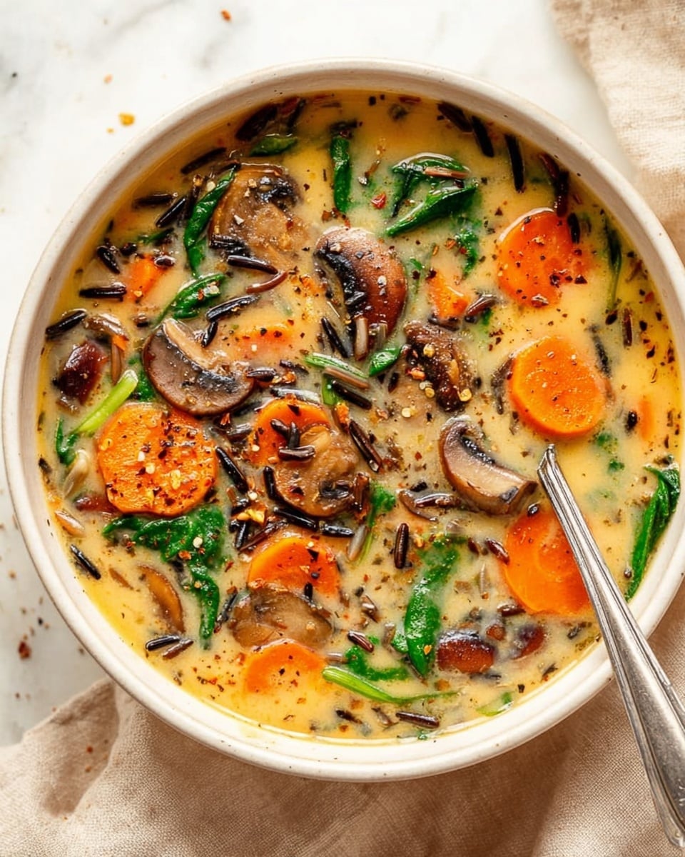 A close-up view of a creamy soup inside a white pot, showing three main layers: the base creamy light yellow broth, scattered slices of orange carrots and brown mushrooms floating evenly, and chopped green leafy vegetables mixed throughout. Tiny black grains of wild rice are sprinkled on top, adding texture. The pot is placed on a white marbled surface with a beige cloth napkin partially visible. Photo taken with an iphone --ar 4:5 --v 7