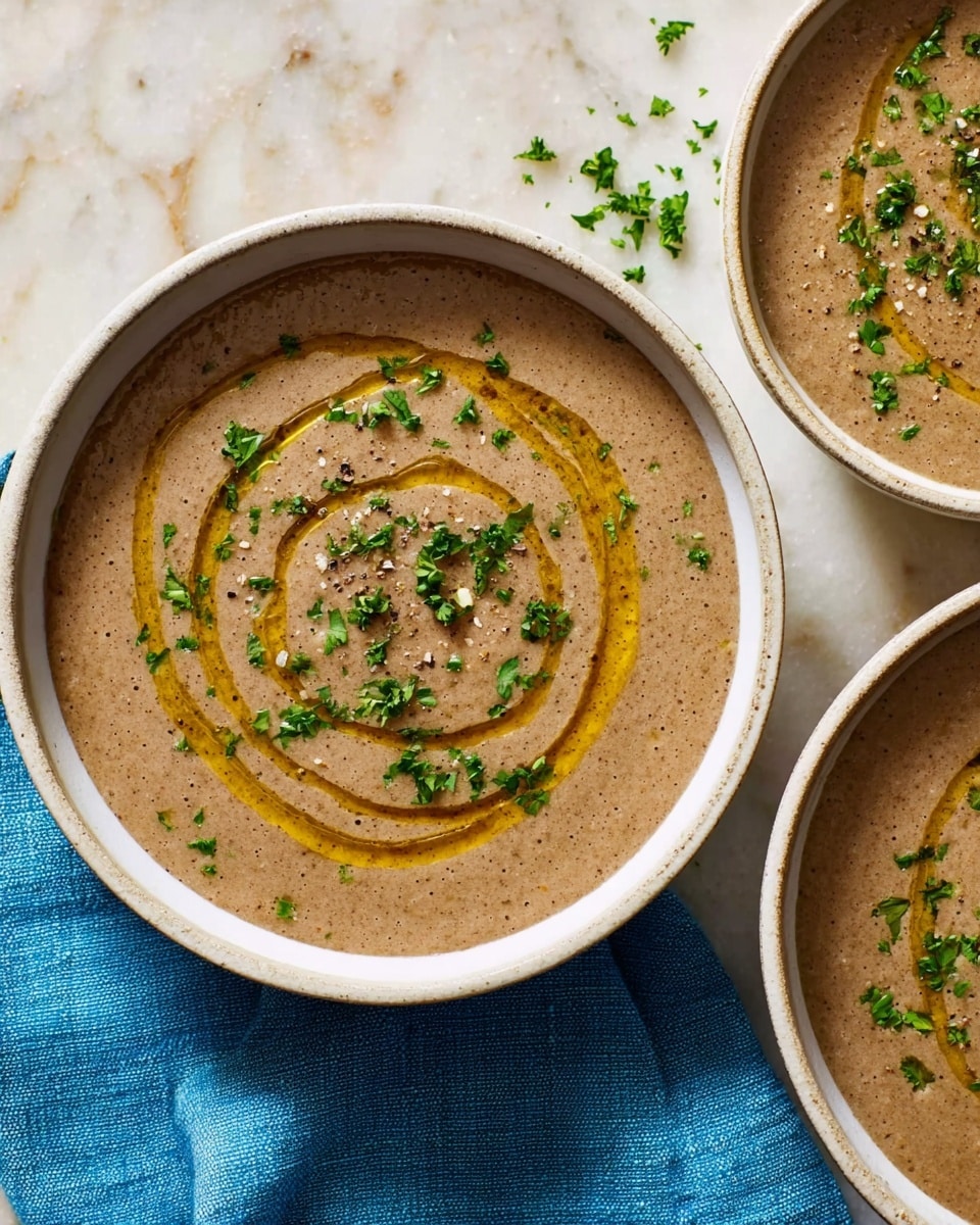 A close-up of a bowl filled with smooth, creamy light brown mushroom soup. On top, there are two small, cooked mushroom slices browned with a slight shine, placed near the center. The soup surface is slightly textured with tiny black pepper specks. The bowl is white on the inside with a bluish rim and a dark brown outside. The background and surface are white marbled with a soft cloth in the background. photo taken with an iphone --ar 4:5 --v 7