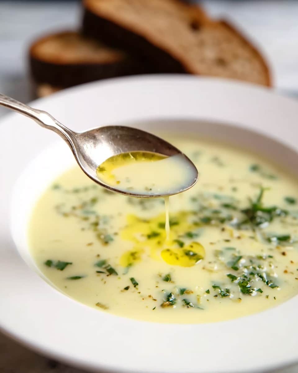 A white deep plate holds a creamy light yellow soup with small green herb pieces evenly spread in the soup. A silver spoon is lifted above the plate, holding some of the soup with visible herbs and a small yellow oil drop, with a drop falling from the spoon. In the background, there are two dark brown bread slices slightly out of focus, all set on a white marbled surface. Photo taken with an iphone --ar 4:5 --v 7