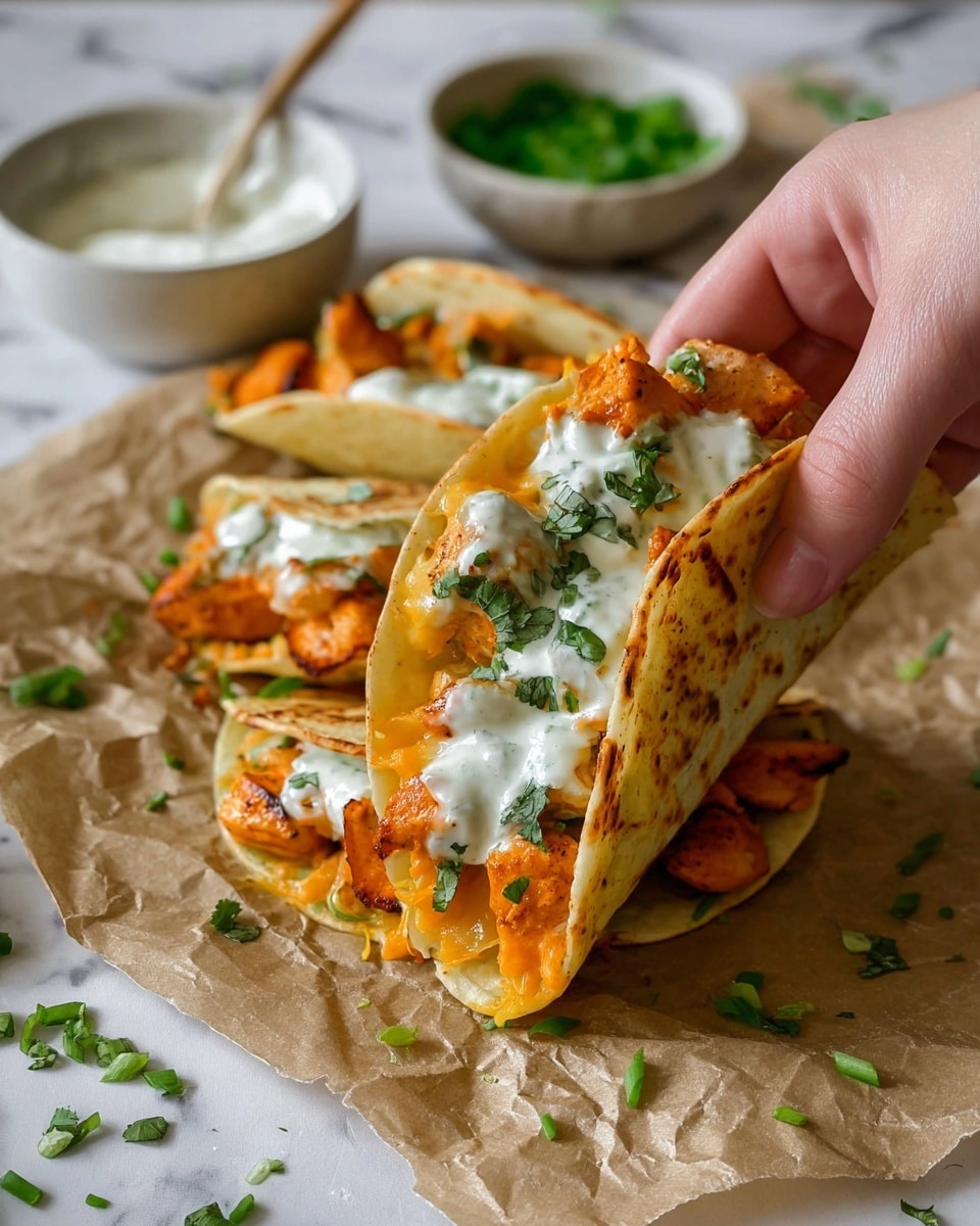 A woman's hand is holding a folded soft tortilla filled with three layers: the bottom layer is melted yellow cheese, the middle layer shows orange cooked chicken pieces, and the top layer is a white sauce with small green herbs and a few cilantro leaves, drizzled on top and melting slightly over the chicken. The tortilla is folded over, showing a golden-brown toasted texture. In the background, there are two more folded tortillas with similar fillings and white sauce, resting on crumpled brown paper over a white marbled surface. Around the scene are small white bowls, one with a white creamy sauce and another with chopped green herbs. Some green herb sprinkles and chopped green onions are scattered on the paper. Photo taken with an iphone --ar 4:5 --v 7