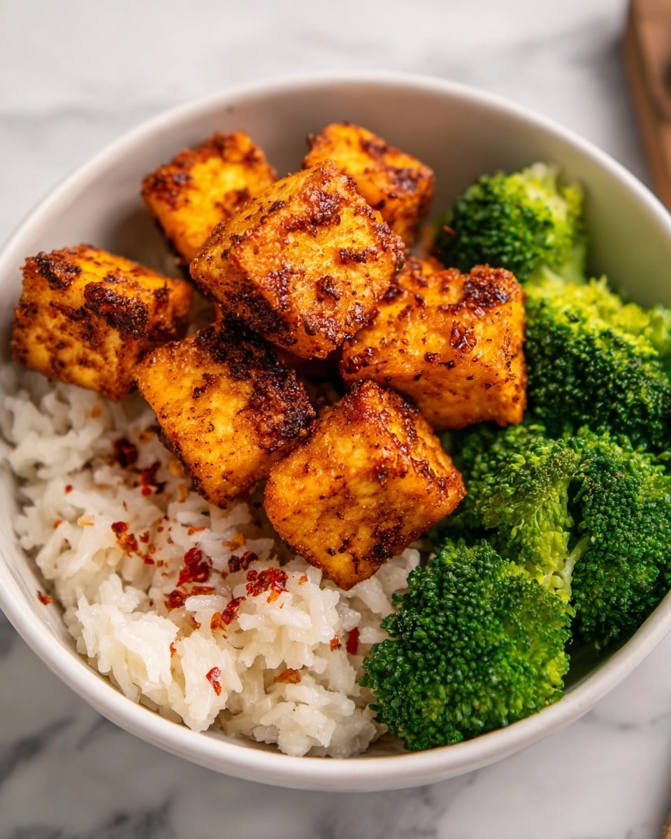 A bowl with three layers is shown on a white marbled surface. The bottom layer is white rice with some small red flakes, soft and slightly sticky. On the right side above the rice, there are bright green broccoli florets, fresh and firm with little water drops. The top layer is a stack of nine golden orange cubes of fried tofu, each piece showing a dark, crispy, spicy seasoning on the outside with a rough texture. The bowl is white, round, and smooth. Photo taken with an iphone --ar 4:5 --v 7
