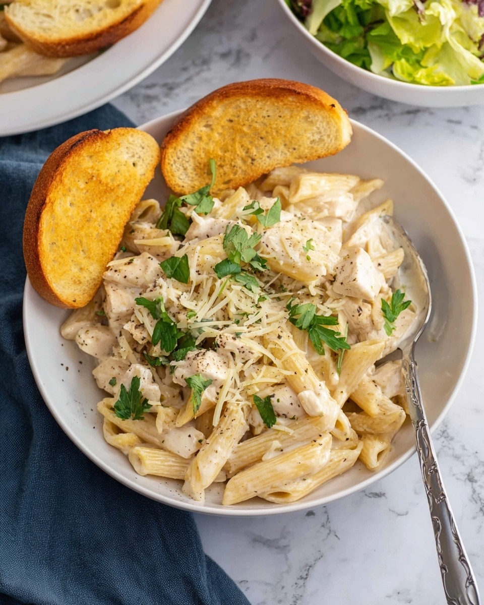 A white bowl is filled with creamy penne pasta mixed with small pieces of chicken, all coated in a white sauce. The pasta is topped with green parsley leaves and shaved light yellow cheese, with a sprinkle of black pepper. Two slices of toasted golden brown bread rest on the side inside the bowl. A silver spoon is partly immersed in the pasta. The bowl sits on a white marbled surface, with a folded dark blue cloth beside it and a partially visible white bowl of salad in the upper right corner. Photo taken with an iphone --ar 4:5 --v 7