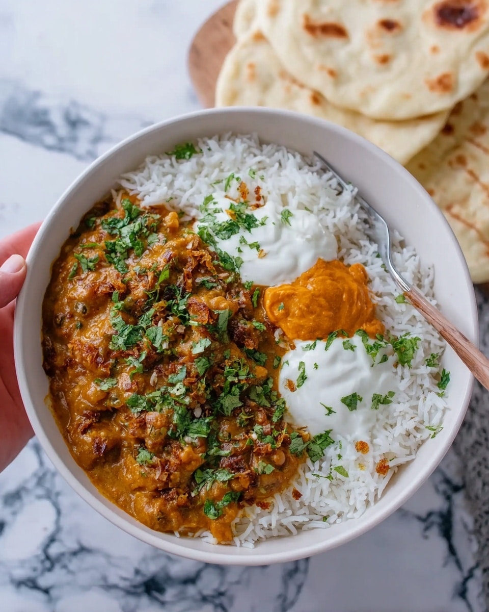 A close-up view of a thick brown curry with visible chunks of tender meat, covered in a smooth, rich sauce. The curry is garnished with fresh green cilantro leaves scattered on top. It sits inside a black cast iron pot, placed on a white marbled surface. The texture of the curry sauce appears creamy and well-blended, with a few small bubbles indicating it is hot and freshly cooked photo taken with an iphone --ar 4:5 --v 7