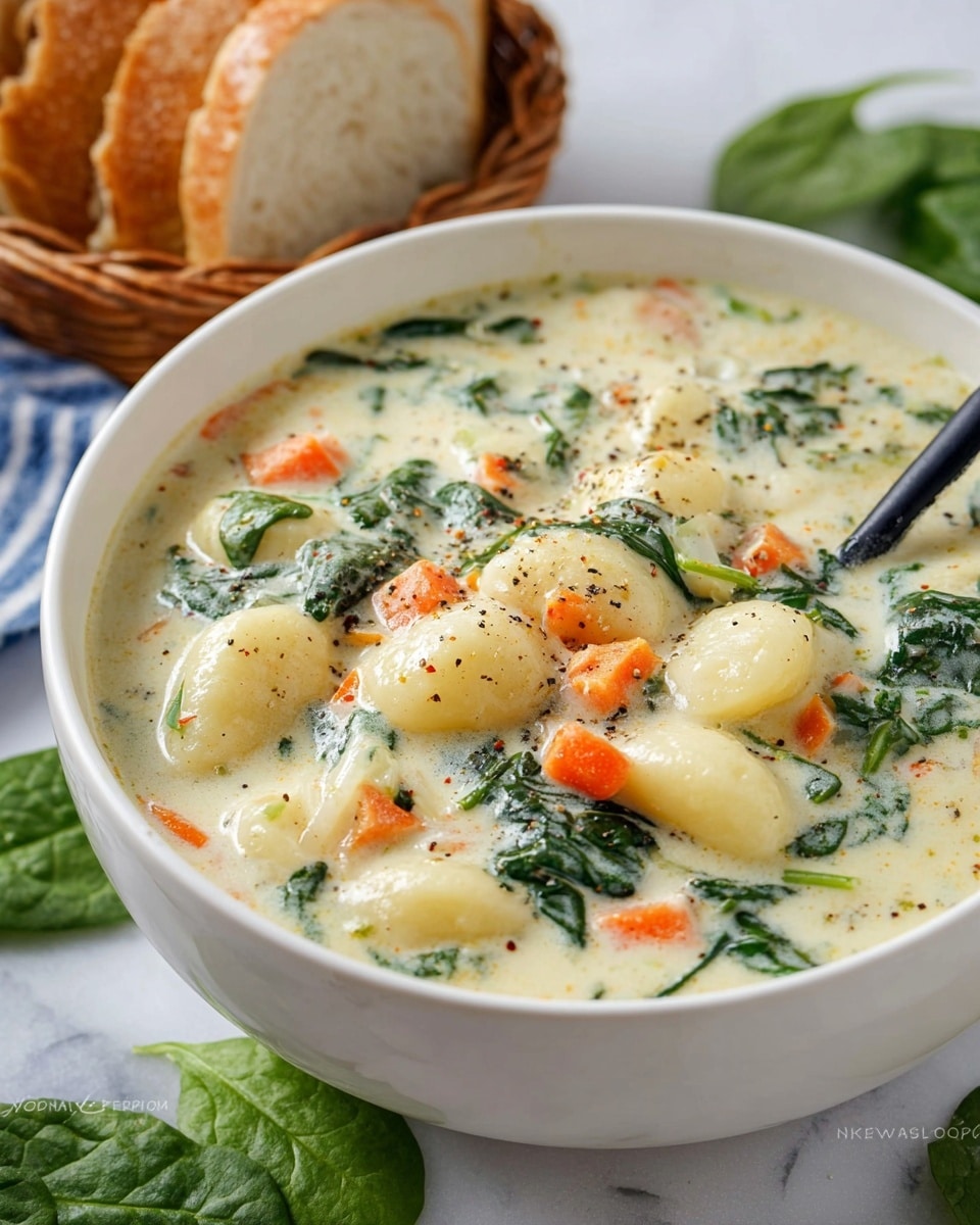 A close-up view of a white bowl filled with creamy soup that has three main layers: large gnocchi pieces in light creamy white, small orange carrot cubes, and dark green spinach leaves evenly mixed in a thick white creamy broth sprinkled with black pepper. The bowl sits on a white marbled surface with fresh spinach leaves lying around, and a basket of sliced white bread in the blurred background. A black spoon is partially dipped into the soup inside the bowl. photo taken with an iphone --ar 4:5 --v 7