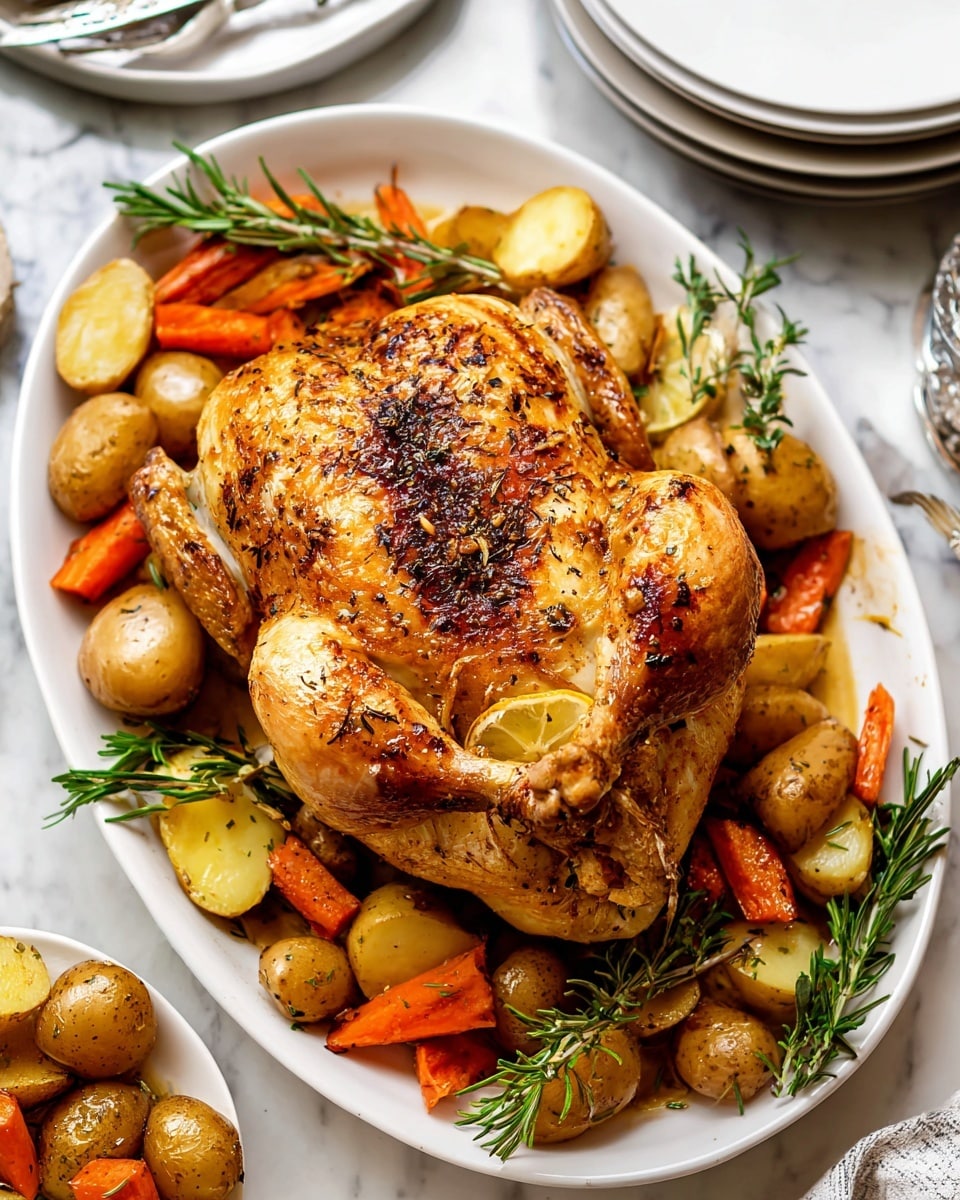 A whole roasted chicken with a golden brown, crispy skin is placed in the center of a white oval plate. The chicken legs are tied together with string and stuffed with lemon wedges and fresh rosemary. Surrounding the chicken is a layer of roasted vegetables, including halved baby potatoes in light yellow tones and small chunks of bright orange carrots. Sprigs of green rosemary are scattered among the vegetables, adding freshness to the warm colors. The plate rests on a white marbled surface, with plates and silverware blurred in the background to keep focus on the main dish photo taken with an iphone --ar 4:5 --v 7