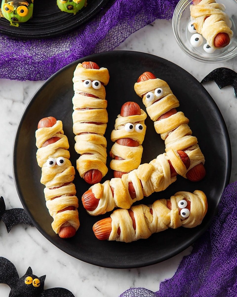 Five small sausages are wrapped in light golden dough strips to look like mummies, with two small candy eyes on each for a spooky effect. The sausages have uneven layers of dough wrapping, showing some of the reddish sausage skin under the pale, baked dough. These mummies are arranged on a round black plate placed on a white marbled surface, surrounded by thin purple fabric and some small green bat decorations. Small white candy eyes are also visible in a small clear bowl nearby. Photo taken with an iphone --ar 4:5 --v 7