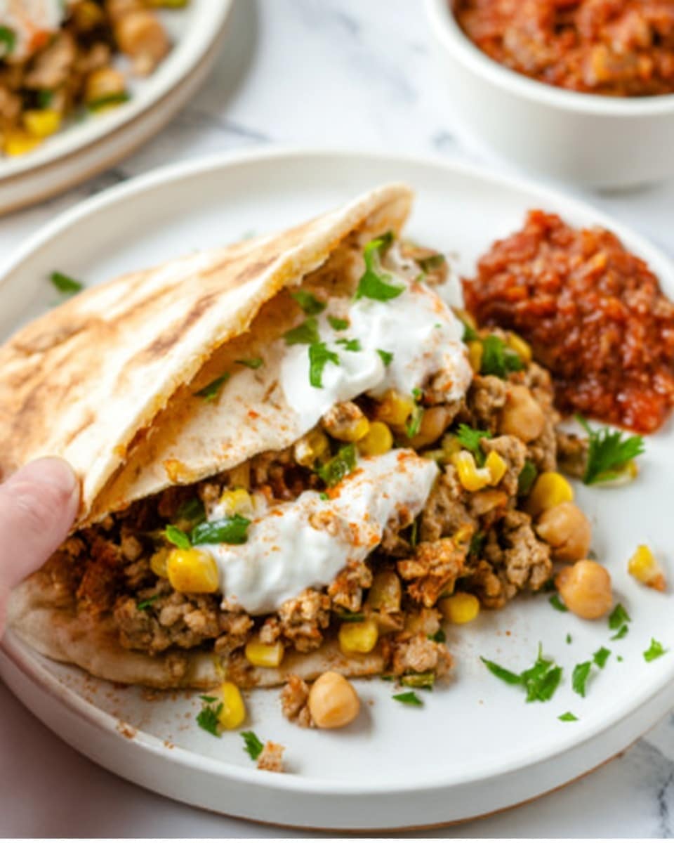 A white plate sits on a white marbled surface, holding a pita pocket opened to reveal three main layers: the bottom layer has a mix of cooked ground turkey, yellow corn kernels, and small chickpeas with a light brown and yellow color; above it, there is a dollop of white creamy sauce; to the side, there is a serving of reddish-brown chunky sauce. Some small green herbs are sprinkled over the plate for decoration. In the background, a white bowl filled with more reddish-brown sauce is partially visible. A woman's hand is holding the pita on the plate. Photo taken with an iphone --ar 4:5 --v 7