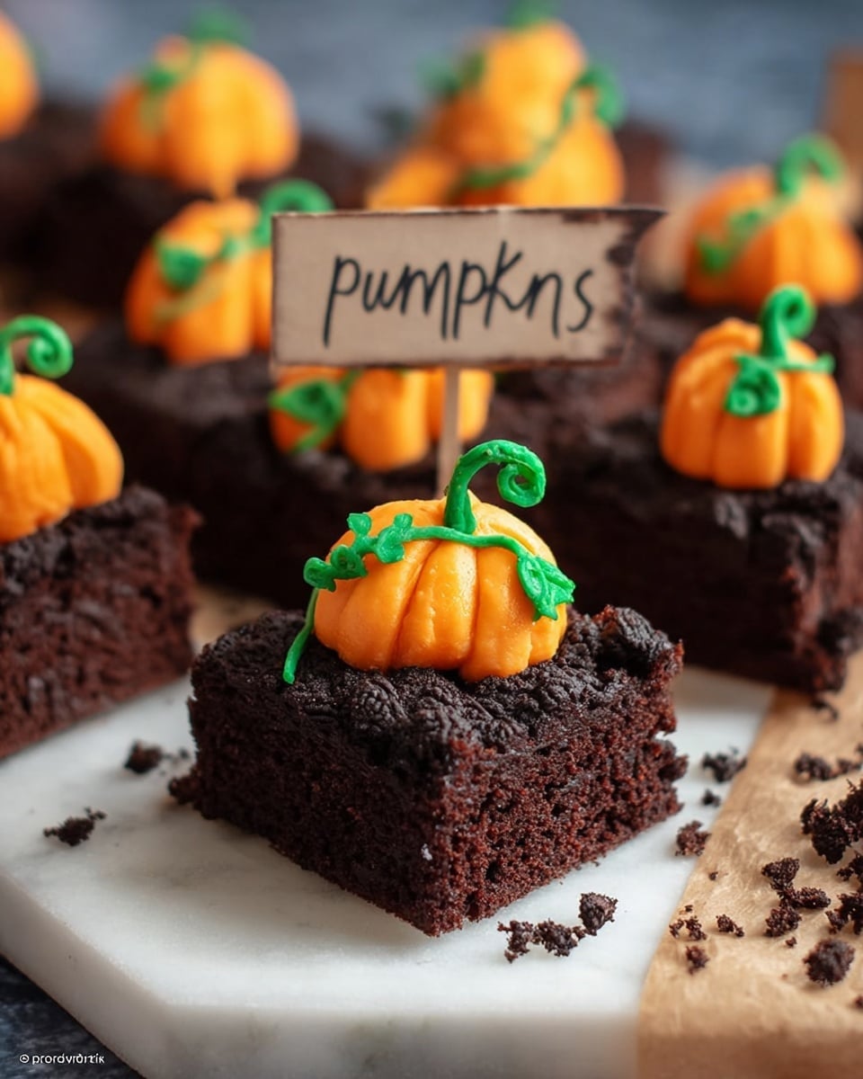 The image shows dark brown square pieces of cake with an uneven, slightly crumbly top layer that looks like crushed cookie bits. Each cake piece is decorated with small bright orange frosting shapes resembling pumpkins, topped with thin green frosting lines to mimic pumpkin stems and vines. The cakes are arranged on a white plate with a white marbled surface underneath, and a small wooden sign with