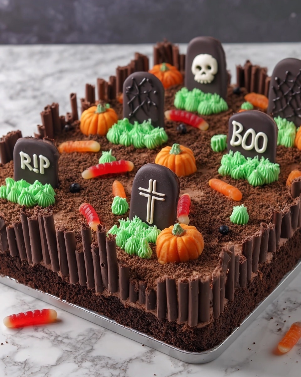 This is a rectangular Halloween-themed cake decorated to look like a graveyard. The bottom layer is smooth and covered with a crumbly dark brown layer resembling soil. Around the edges are vertical chocolate sticks placed closely to form a fence. On the top, there are small tombstone shapes made from chocolate, each decorated with white icing showing “RIP,” a skull, a cross, or “Boo!” Bright green piped icing mimics grass clumps scattered across the soil layer. Small orange pumpkin-shaped decorations and gummy worms in red and orange are also placed on the surface. The cake is set on a white marbled surface. Photo taken with an iphone --ar 4:5 --v 7