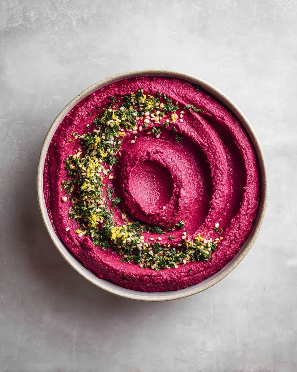 A black bowl holds a smooth, thick pink hummus spread with visible swirls on the surface, topped in the center with a mix of white pine nuts, finely chopped green herbs, and small black and brown spices scattered evenly across. The background is a white marbled texture. photo taken with an iphone --ar 4:5 --v 7