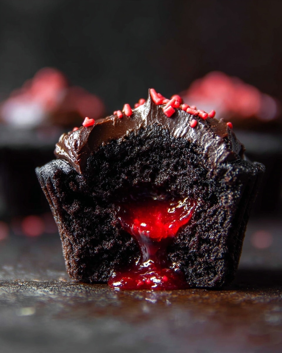 A close-up of a dark chocolate cupcake cut in half, showing three main layers: a moist dark chocolate cake bottom layer, a bright red liquid filling in the center oozing out, and a thick, rich dark chocolate frosting with a rough texture on top sprinkled with small red candy sprinkles. The cupcake sits on a dark surface with a blurred background. The light focuses mainly on the cut cupcake, highlighting the shiny frosting and bright red filling. Photo taken with an iphone --ar 4:5 --v 7