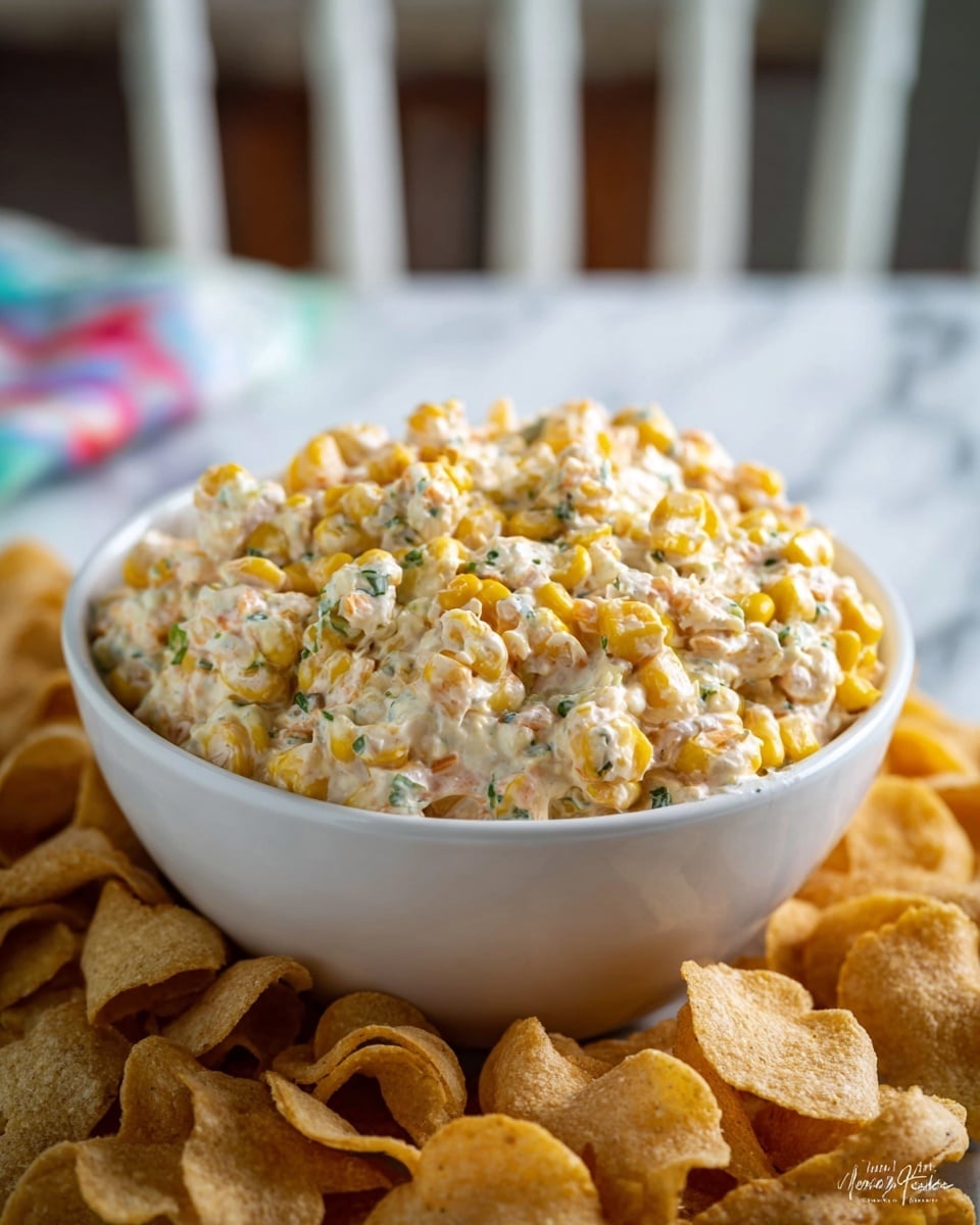 A white bowl filled with a creamy, chunky dip that looks like a mix of corn and small green herbs sits in the middle of a woven basket lined with a red, white, and blue cloth. Surrounding the bowl are many yellow, curved chips that look crunchy and have small black specks on them. The setting is on a white marbled surface with a blurred wooden background and a white chair in the distance. photo taken with an iphone --ar 4:5 --v 7