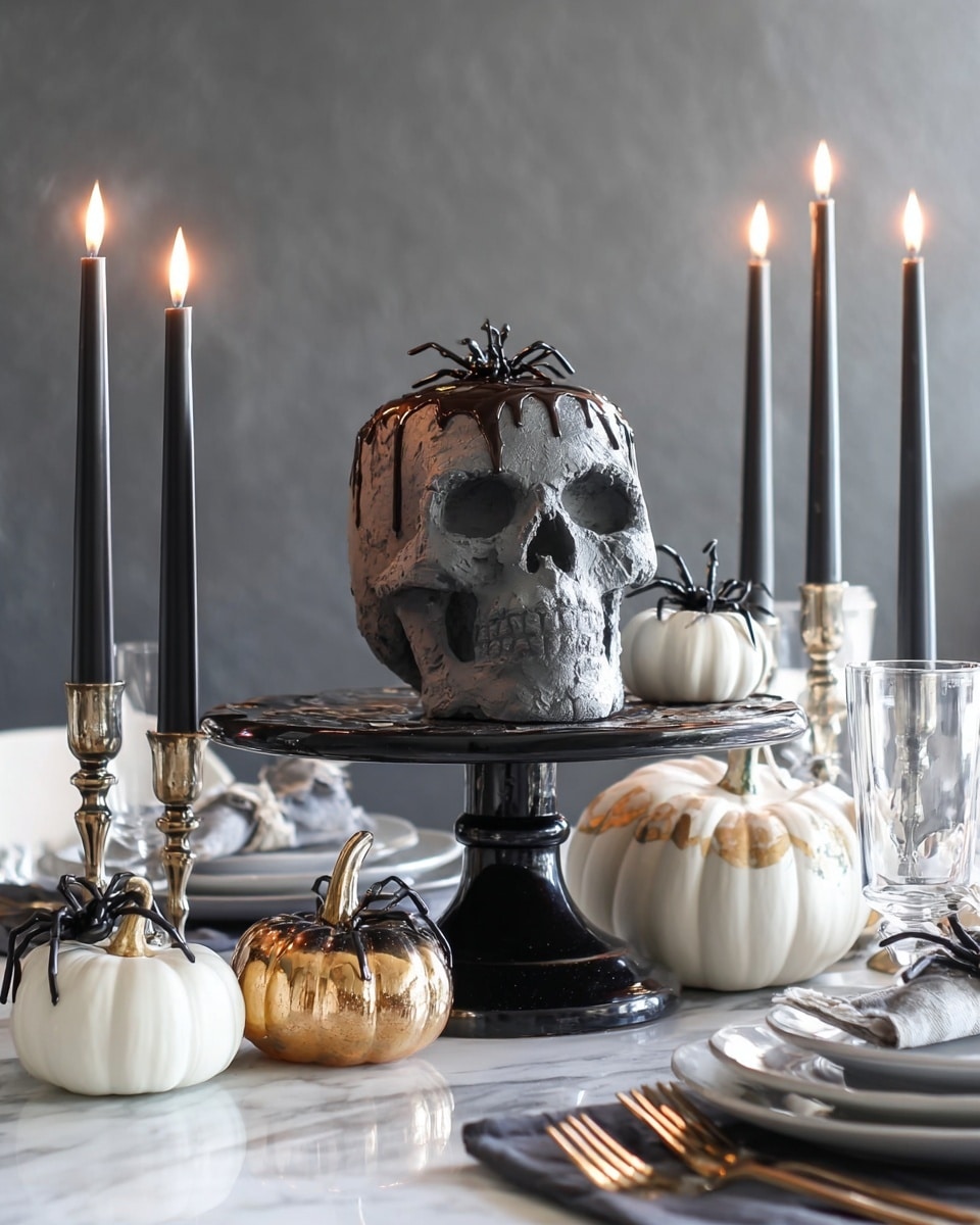 A skull-shaped cake sits on a black glossy cake stand with a thick stem, centered on a wooden table. The cake has a grey, rough-textured surface with dark chocolate drizzled unevenly over the top and sides. Surrounding the cake are small white pumpkins with smooth matte surfaces, metallic gold pumpkins with shiny finishes, and black plastic spiders. There are three tall black candles burning peacefully in clear glass candle holders around the cake. Plates in white sit on the table with silver forks and gray napkins nearby. The whole scene rests on a white marbled texture surface with soft gray walls in the background. photo taken with an iphone --ar 4:5 --v 7