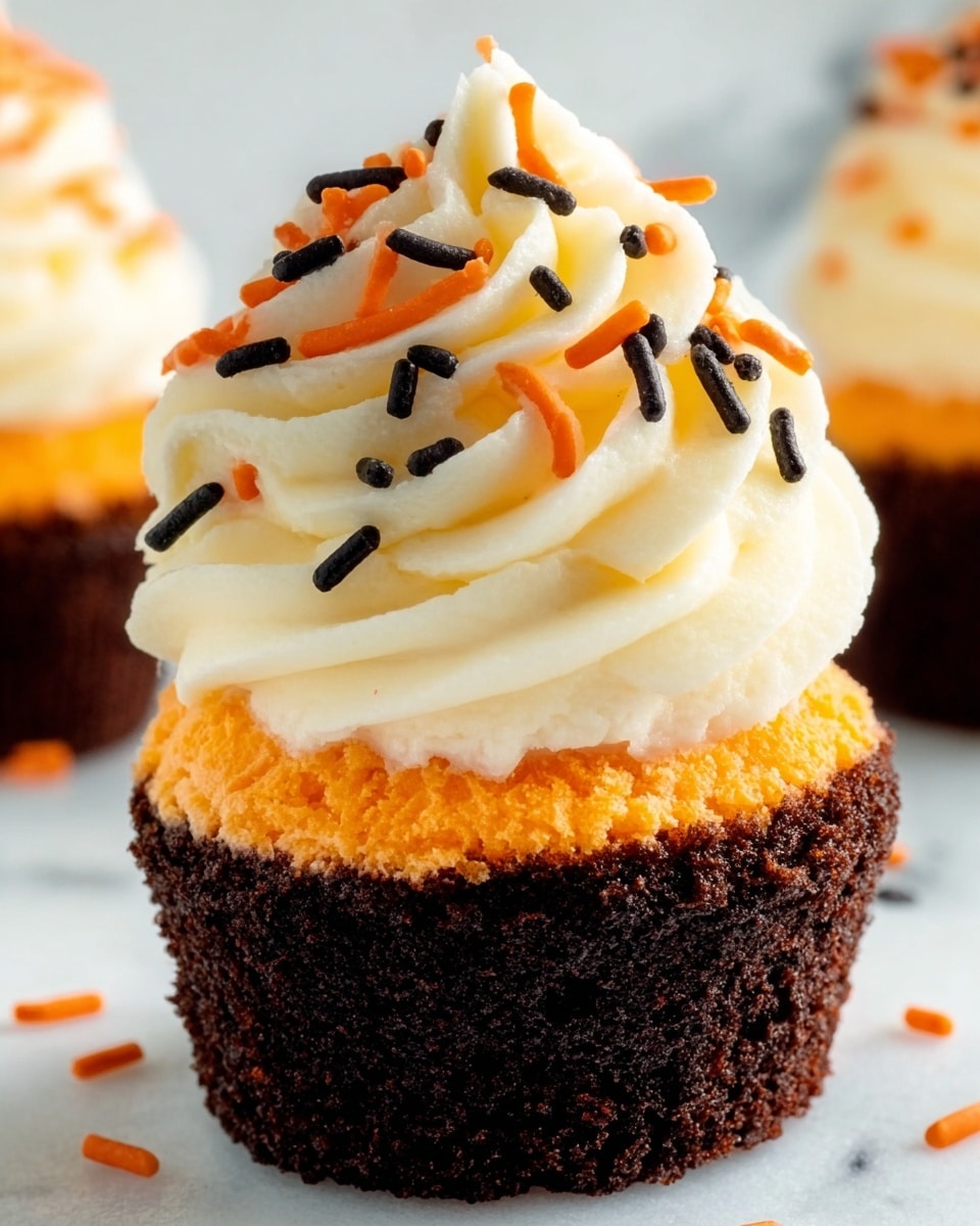A close-up view of a cupcake with one layer of light orange cake at the bottom, topped with one thick layer of smooth white cream frosting swirled in big, soft spirals. The frosting is decorated with small, thin black and orange sprinkles scattered evenly over the white cream. The cupcake is set against a white marbled surface. photo taken with an iphone --ar 4:5 --v 7