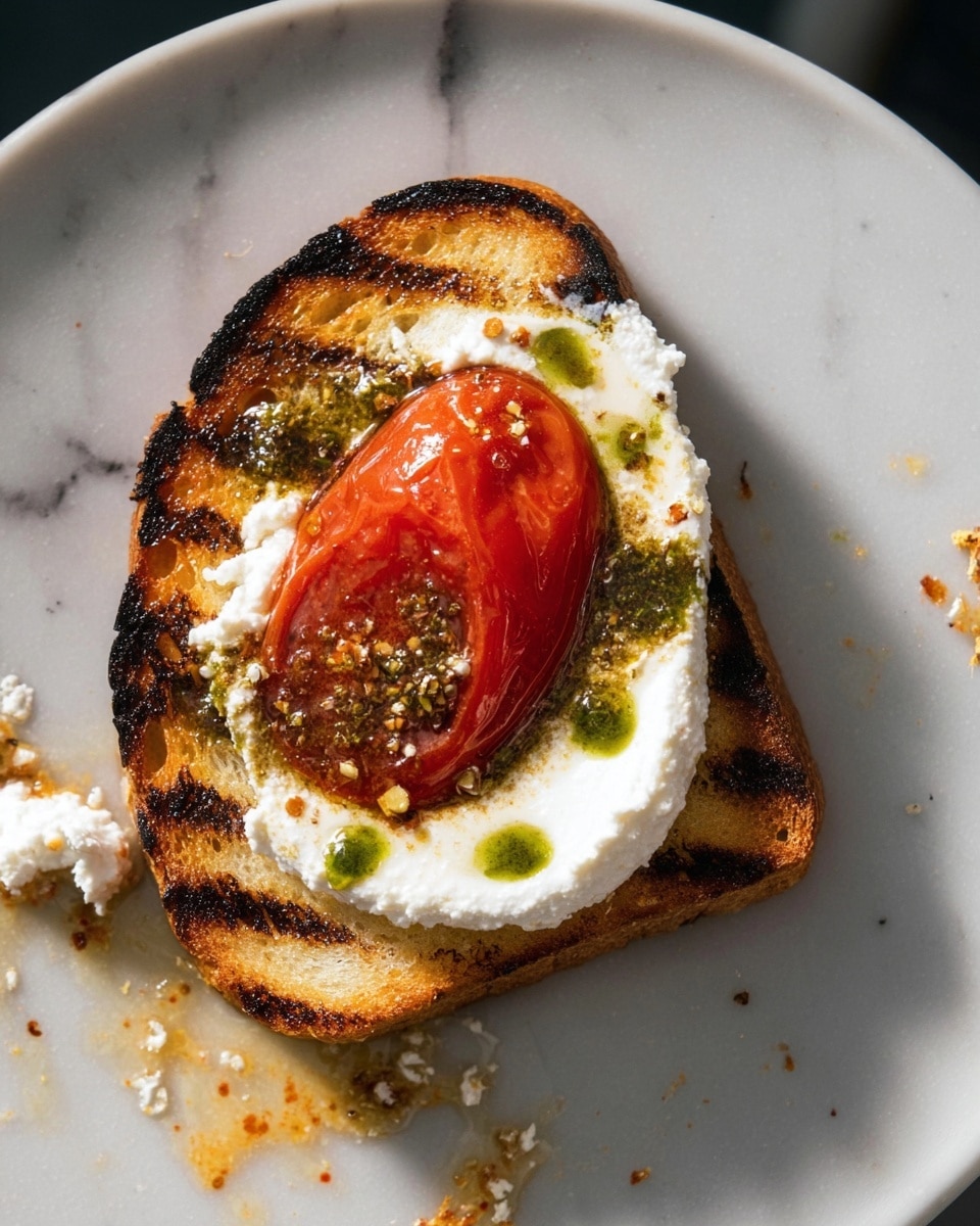 A single slice of toasted bread with dark grill marks and a golden-brown, crispy texture forms the base. On top, there is a thick, creamy white spread with a smooth, slightly uneven surface. A halved, glossy red cherry tomato sits in the center, showing some seeds inside. Small drops of green sauce are dappled on the white spread, adding color contrast. The bread is on a white plate with a few crumbs and small smears of the white spread nearby, all placed on a white marbled textured surface. photo taken with an iphone --ar 4:5 --v 7
