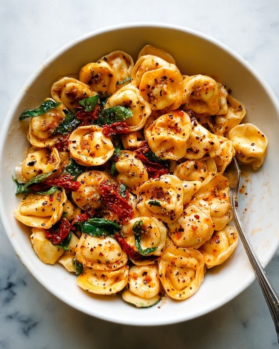 The dish shows a white bowl filled with two types of tortellini pasta: one side has creamy yellow tortellini with visible green basil leaves and pieces of sun-dried tomatoes, while the other side has a reddish-orange sauce coating the tortellini, sprinkled evenly with black pepper flakes. The pasta looks soft and plump, with a slightly shiny texture from the sauce. A silver fork rests inside the bowl on the right side, partially touching the pasta. The bowl sits on a white marbled surface. photo taken with an iphone --ar 4:5 --v 7