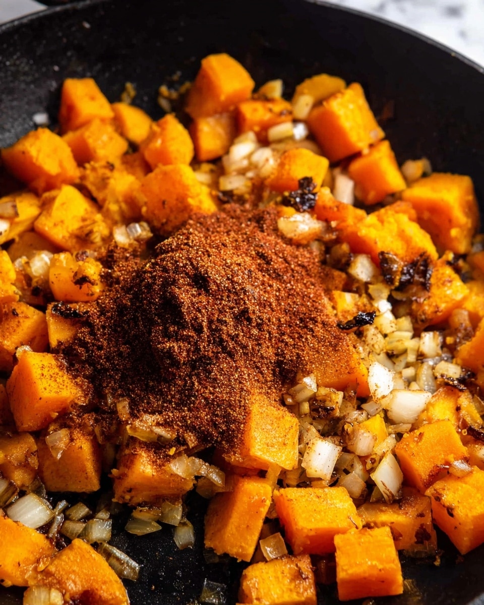 A close-up view of a black pan filled with bright orange cubed squash pieces mixed with small chopped white onions. In the center of the pan, there is a mound of brown and reddish spices resting on top of the squash and onions, showing powdery textures and adding rich color contrast. The squash pieces have a slight shine, indicating they are cooked, with some small blackened bits scattered around. The background surface is a white marbled texture. photo taken with an iphone --ar 4:5 --v 7