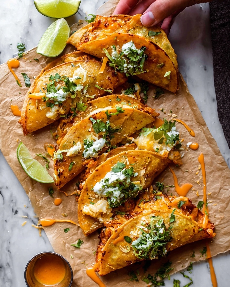 Four folded quesadillas sit on crumpled brown paper over a dark wooden surface, each quesadilla showing a golden toasted tortilla stuffed with orange cooked chicken pieces and melted cheese peeking out. Each is topped with white creamy sauce and green cilantro leaves. Surrounding the quesadillas are three white bowls – one with creamy white sauce, one filled with fresh green chopped herbs, and one holding sliced green onions. Small bits of green onions and cilantro are scattered around the quesadillas, creating a fresh and colorful look. photo taken with an iphone --ar 4:5 --v 7