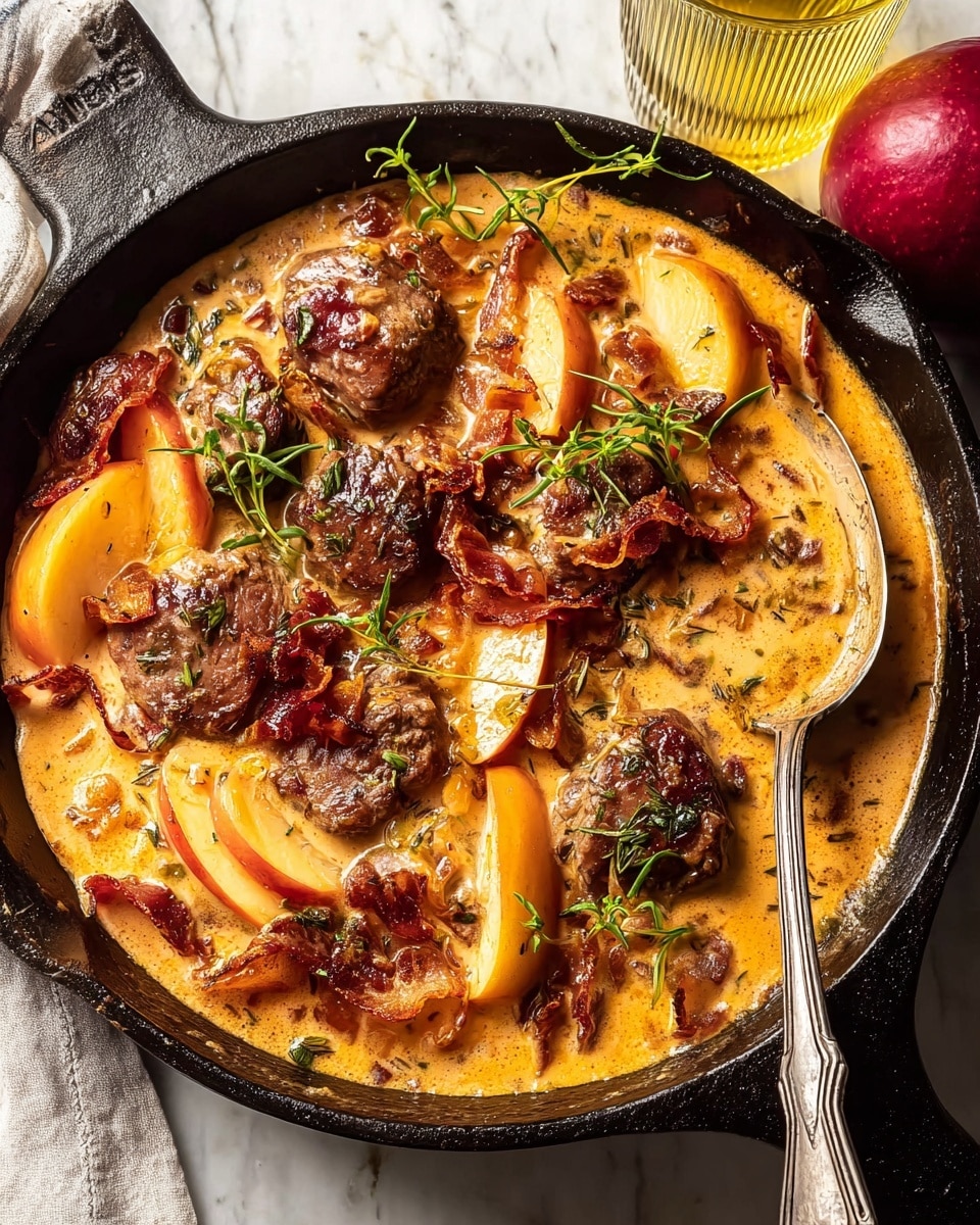 In a black cast iron skillet, several browned pieces of cooked meat are partially covered by a thick, creamy orange sauce with visible herbs mixed in. Scattered on top and around the meat are thin, curled, reddish-brown slices resembling crispy bacon or prosciutto. There are also slices of yellow and red fruit, possibly apples or peaches, some with soft textures. Fresh green herb sprigs are placed on the dish, adding a touch of color contrast. The skillet rests on a white marbled surface, with a silver spoon partially submerged in the sauce on the right edge. A whole red fruit and a ribbed glass with a yellow liquid are partially visible at the top. Photo taken with an iphone --ar 4:5 --v 7