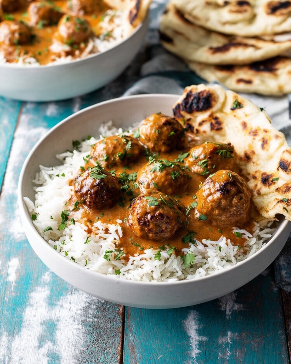 A white bowl filled with two main layers: the bottom layer is white, fluffy cooked rice, and the top layer is round meatballs covered with a thick orange-brown creamy sauce, scattered evenly on the rice. Fresh green chopped herbs are sprinkled on top of the sauce. On the left side inside the bowl, pieces of toasted flatbread with dark charred spots are placed against the rice. The bowl is set on a rustic blue wooden surface with some green herb sprigs nearby. Another similar white bowl is partly visible in the top right corner. Photo taken with an iphone --ar 4:5 --v 7
