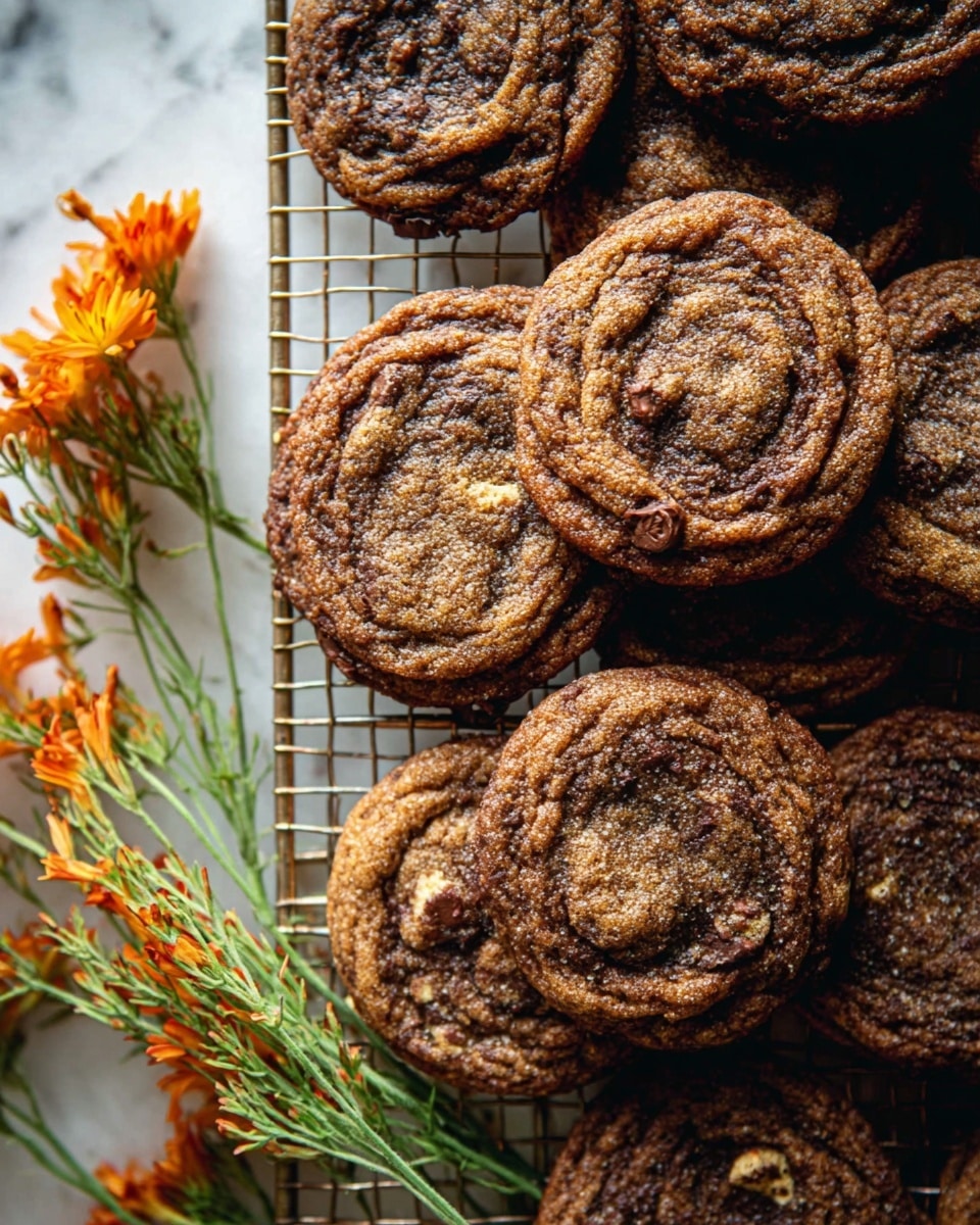 Several round cookies are stacked overlapping on a metal cooling rack placed on a white marbled surface. The cookies have a dark brown color with a slightly crispy texture, showing small bits of nuts or chocolate inside. A small bunch of orange flowers with green stems lays beside the cookies on the lower left side. The lighting is natural and soft, highlighting the warm, golden edges of the cookies. photo taken with an iphone --ar 4:5 --v 7