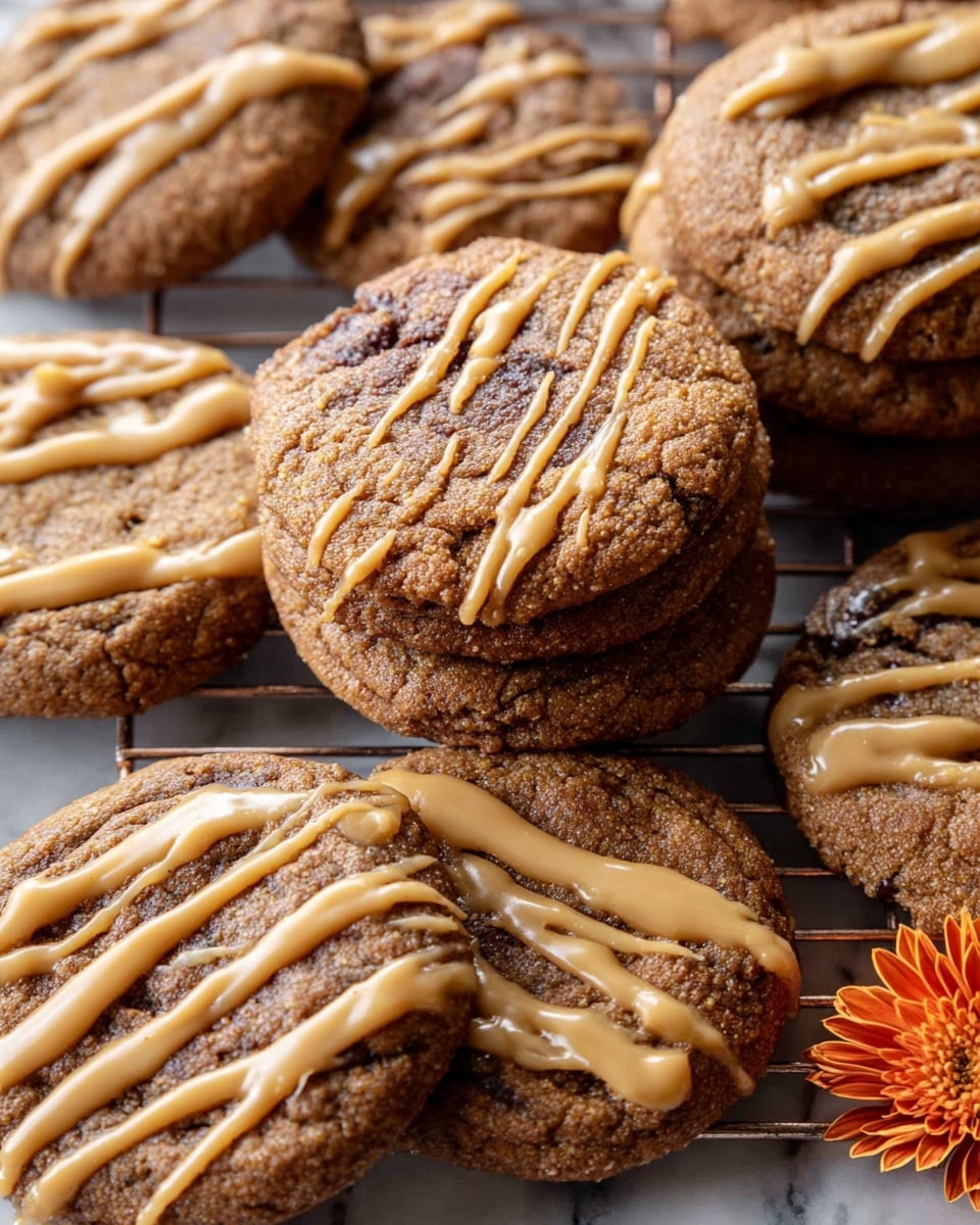 The image shows a close-up view of several round cookies with a rich brown color, some drizzled with a light caramel-colored glaze. The cookies have a slightly rough texture with visible small cracks and a soft center. A few cookies are stacked, adding height and layering to the scene, while others lay flat. The light caramel drizzle forms irregular lines and patches on the cookie tops, contrasting with the darker dough. The cookies rest on a white marbled surface with a metal cooling rack partially visible beneath them. A small orange flower is placed near the cookies, adding a warm accent photo taken with an iphone --ar 4:5 --v 7