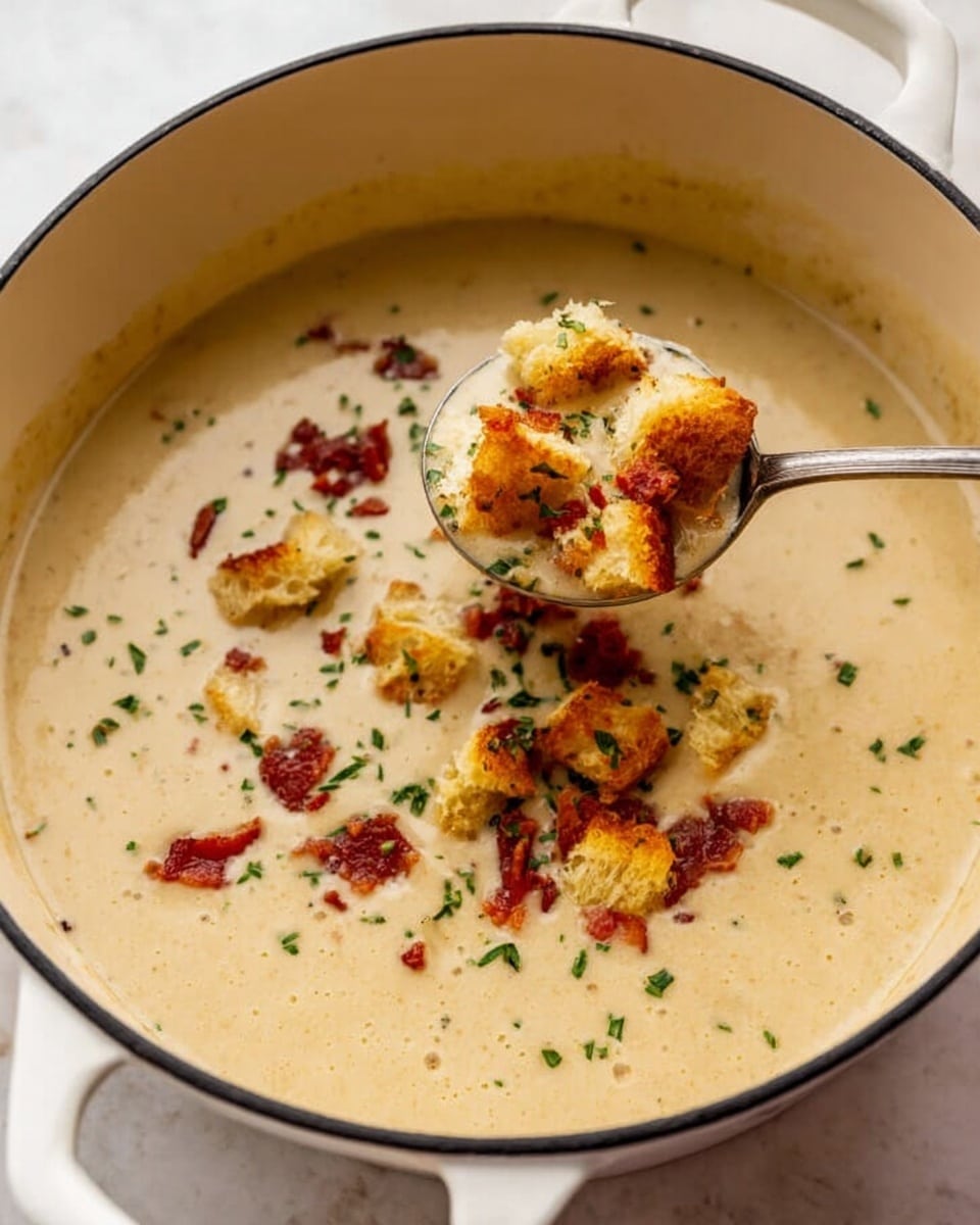 Two white bowls filled with creamy beige soup sit on a white marbled surface. Each bowl has three croutons on top, golden brown with a crispy texture, sprinkled with small green herbs and bits of red seasoning. Surrounding the bowls are three small white dishes: one with finely chopped green chives, another with reddish-brown bacon bits, and the third with more croutons. A metal spoon with a wooden handle rests on a gray cloth napkin near the bottom right bowl. photo taken with an iphone --ar 4:5 --v 7