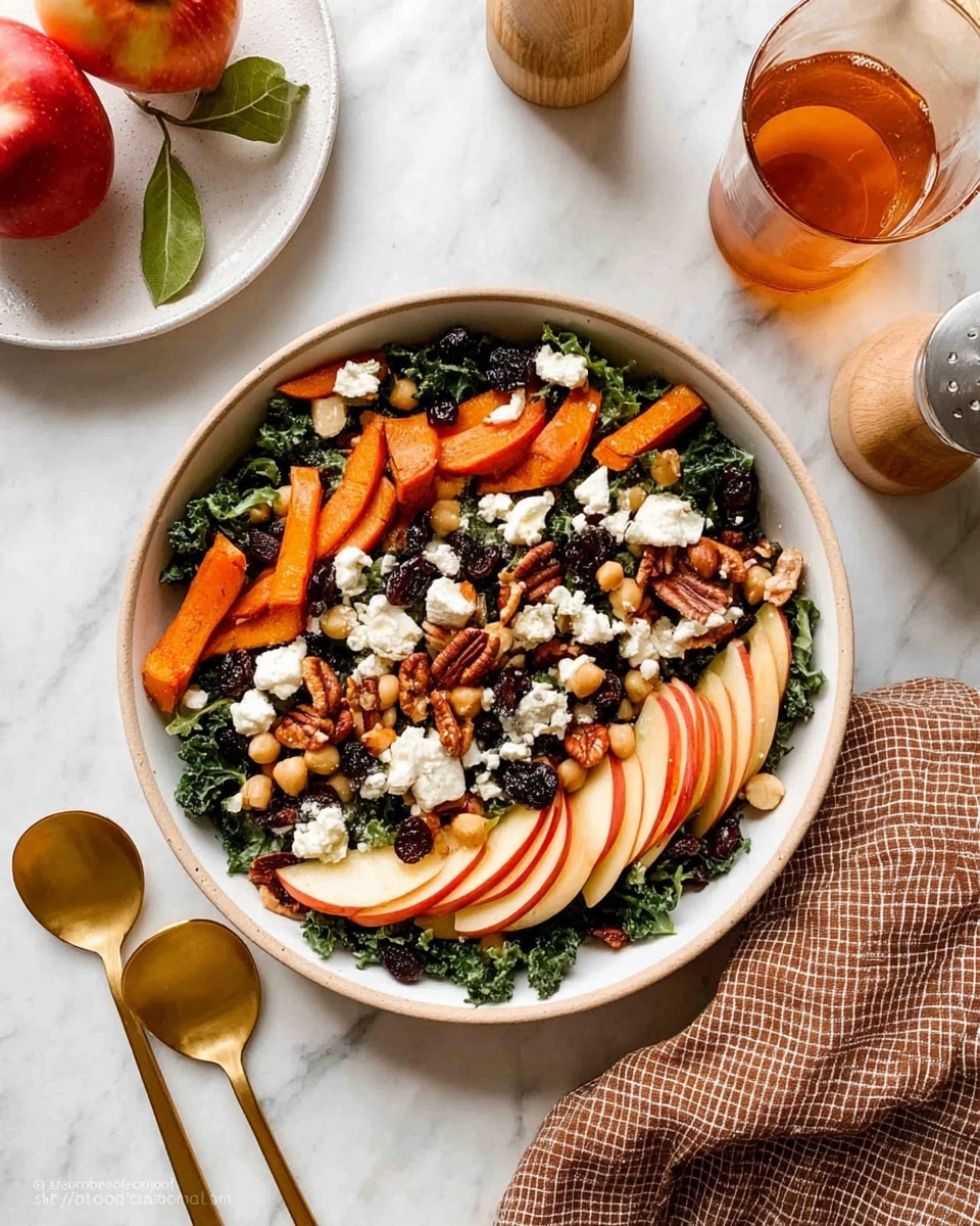 A white bowl filled with a colorful salad is shown on a white marbled surface with a brown and white checkered cloth nearby. The salad has four main layers: at the bottom is dark green curly kale leaves, next are bright orange roasted pumpkin slices that are soft and slightly shiny, scattered throughout are creamy white crumbles of cheese, thin red and white apple slices, shiny dark raisins, round golden chickpeas, and whole brown pecans. A gold fork rests on the left side of the bowl. The photo taken with an iphone --ar 4:5 --v 7