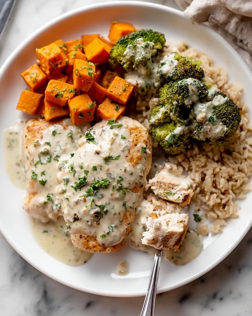 A white plate contains one main piece of light brown cooked chicken covered with a creamy white sauce sprinkled with green herbs, positioned at the bottom left. To the upper left of the chicken are bright orange cubes of sweet potato also topped with the sauce. Above the sweet potatoes and to the right on the plate are dark green broccoli florets with the creamy sauce drizzled over them. The right side of the plate has a serving of light brown cooked rice. A silver knife with some creamy sauce rests on the right edge of the plate, and a silver fork holding a piece of chicken is at the bottom right. The plate sits on a white marbled surface. Photo taken with an iphone --ar 4:5 --v 7