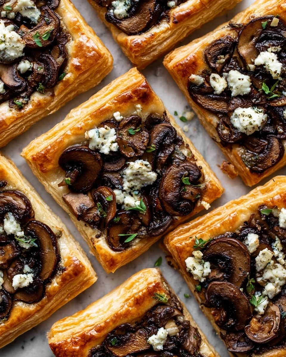 The image shows a close-up of three stacked square puff pastry layers, each golden brown with a flaky texture and visible air pockets. On the top layer, there is a topping of cooked dark brown mushrooms with a slightly glossy surface, sprinkled with small green herbs. The puff pastry's many light, crisp layers are clearly visible from the side. The background is a white marbled surface. photo taken with an iphone --ar 4:5 --v 7