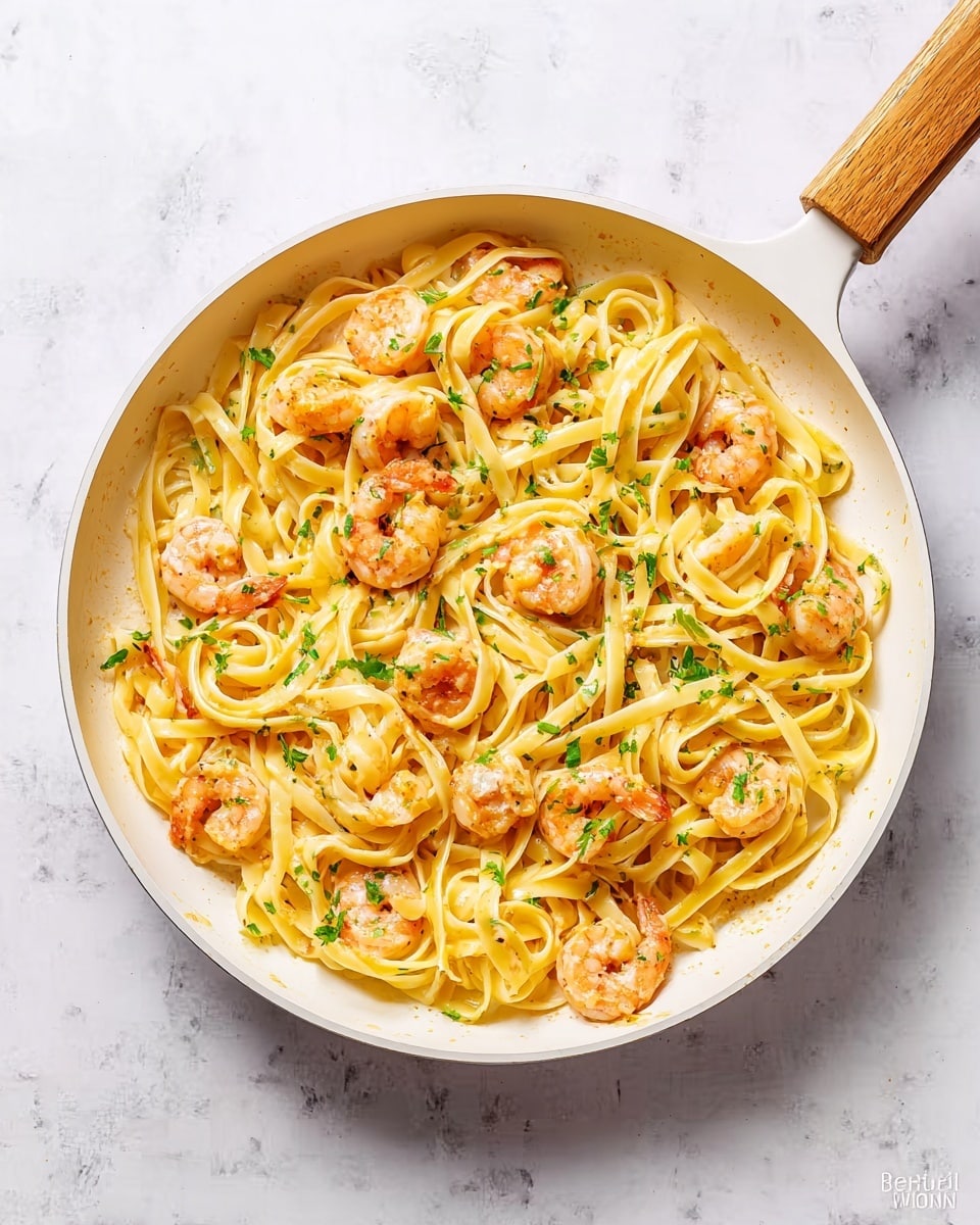 A white frying pan with a wooden handle holds a dish of yellow fettuccine pasta mixed with pink-orange cooked shrimp scattered evenly throughout. The shrimp look tender, and the pasta strands are long, smooth, and slightly glossy. Small green parsley leaves are sprinkled on top, adding a fresh pop of color. The pan sits on a white marbled surface with subtle gray veins. Photo taken with an iphone --ar 4:5 --v 7