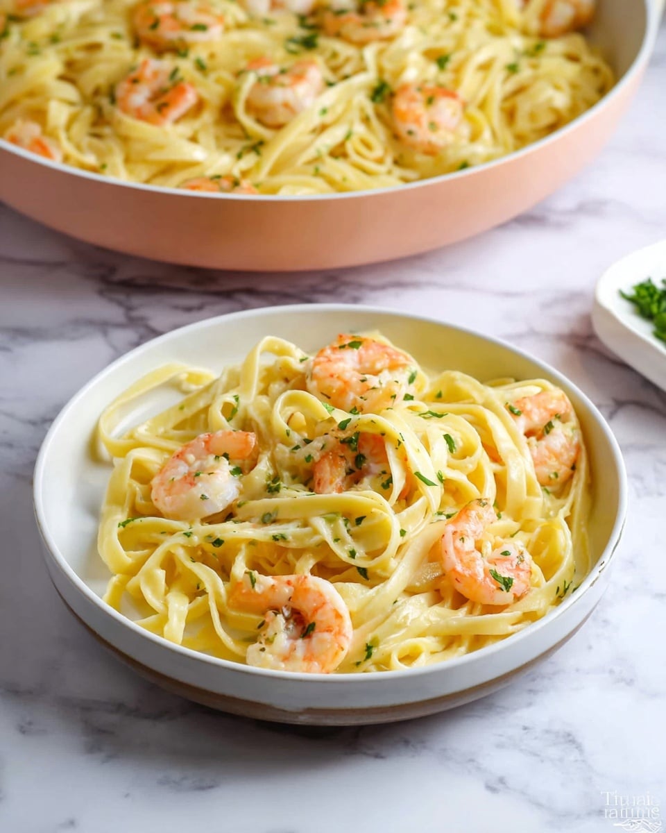 A white round plate holds a serving of fettuccine pasta mixed with several pink cooked shrimp scattered evenly throughout. The pasta is creamy light yellow and soft in texture, with bright green bits of parsley sprinkled on top. Behind the plate, a large bowl filled with the same shrimp pasta shows a larger quantity of the dish. The background is a white marbled surface, giving a clean and simple look. photo taken with an iphone --ar 4:5 --v 7