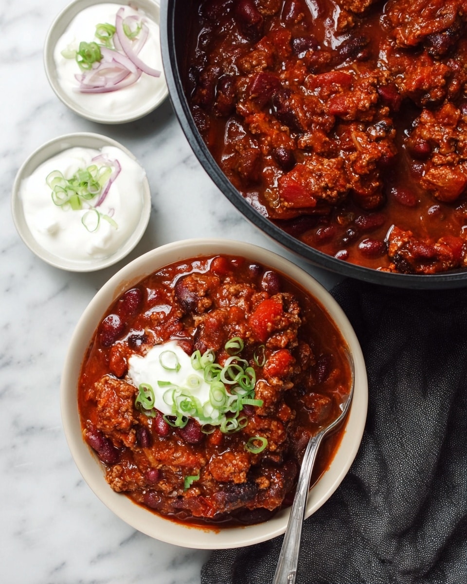 A black cast iron pot filled with a thick reddish-brown chili that has visible black beans, kidney beans, chunks of tomato, and ground meat all mixed together, topped with small green chopped scallions. A metal spoon with a long handle is resting inside the pot. The pot is placed on a white marbled surface next to small white bowls containing thinly sliced pale pink onions and a white creamy sauce garnished with green herbs, and a small metal cup with chopped green scallions. A grey cloth is slightly visible on the right side, photo taken with an iphone --ar 4:5 --v 7