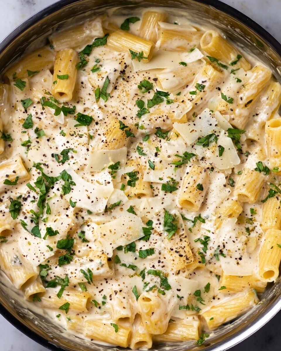 The image shows a pan filled with creamy pasta. The pasta is yellowish and shaped like short tubes, arranged all over. It is covered with a thick, white sauce that looks smooth and rich. On top of the pasta and sauce, there are small green leaves, likely chopped herbs, scattered evenly. There are also light thin slices of white cheese layered sparsely over the dish. The entire pasta is sprinkled with small black pepper dots, giving it some texture and color contrast. The pan is set on a white marbled surface. photo taken with an iphone --ar 4:5 --v 7