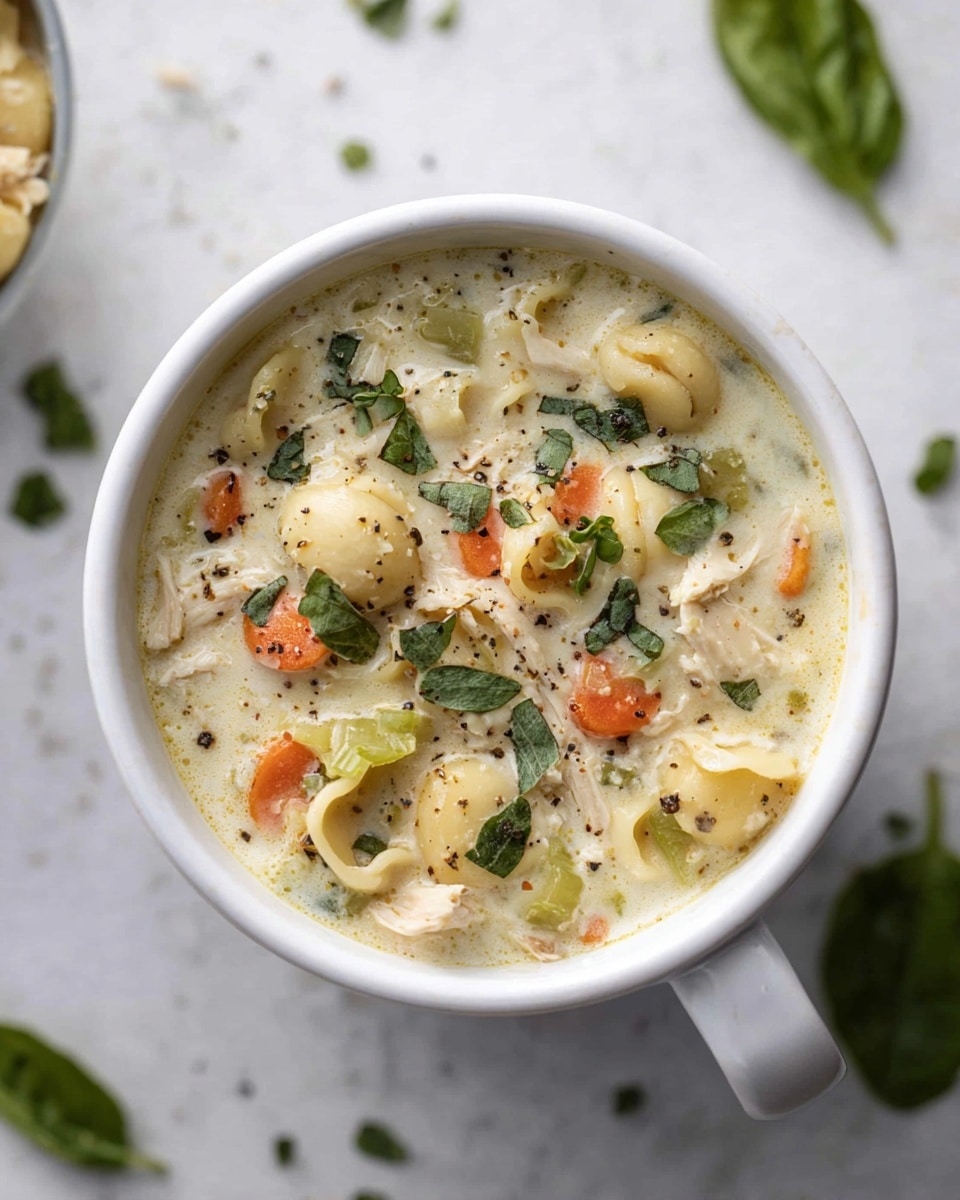 A white mug filled with thick creamy soup that has small chunks of orange carrot, light green celery pieces, and small round pasta shells visible throughout. Shredded white chicken pieces are mixed in, and fresh small green herb leaves are sprinkled on top with a light dusting of black pepper. The mug is placed on a white marbled surface with a few scattered green leaves around it. photo taken with an iphone --ar 4:5 --v 7