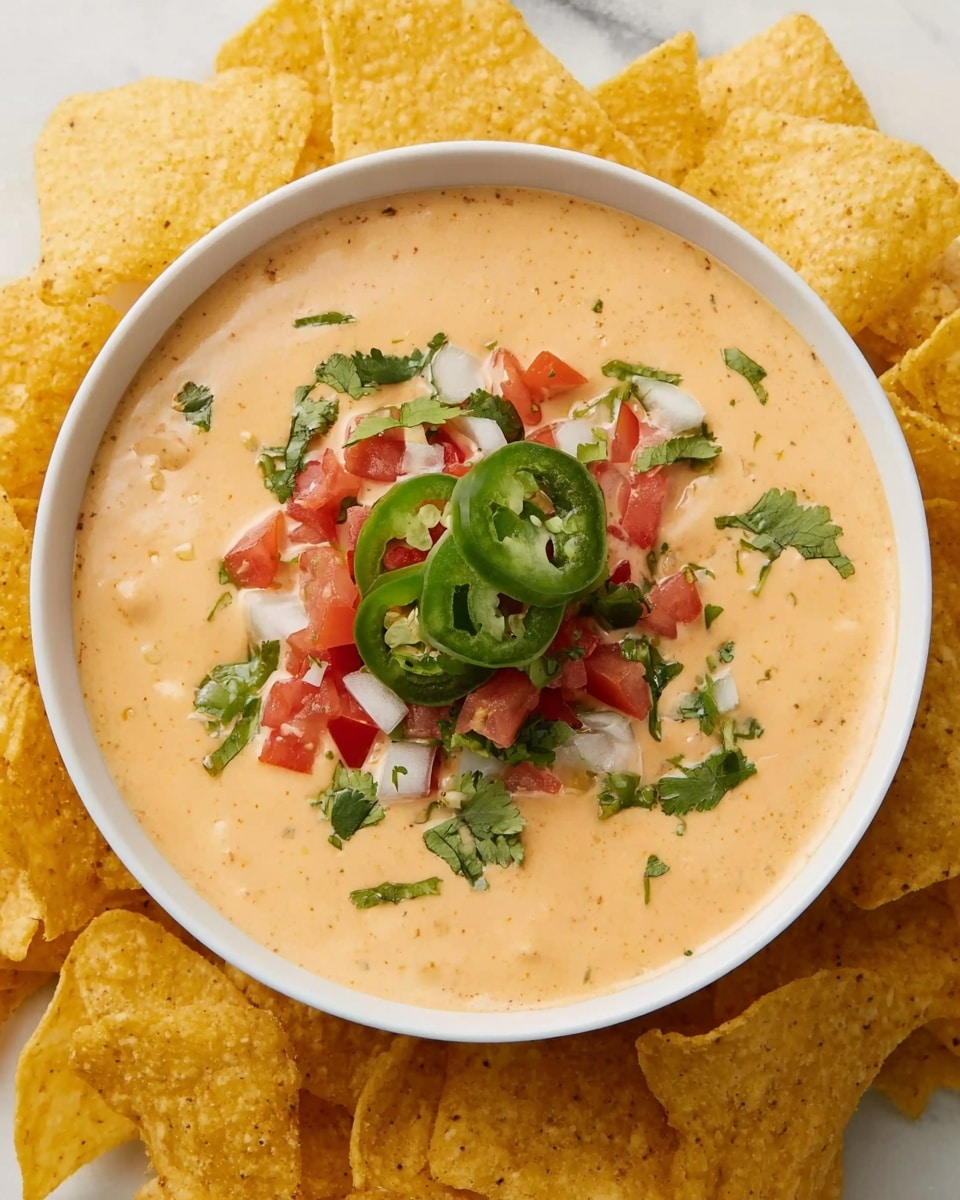 A white bowl filled with a creamy light orange cheese dip, topped with small diced red tomatoes, white onions, green cilantro leaves, and sliced green jalapeños placed in the center. The bowl is set on a bed of yellow corn tortilla chips spread out around it on a white marbled surface. photo taken with an iphone --ar 4:5 --v 7