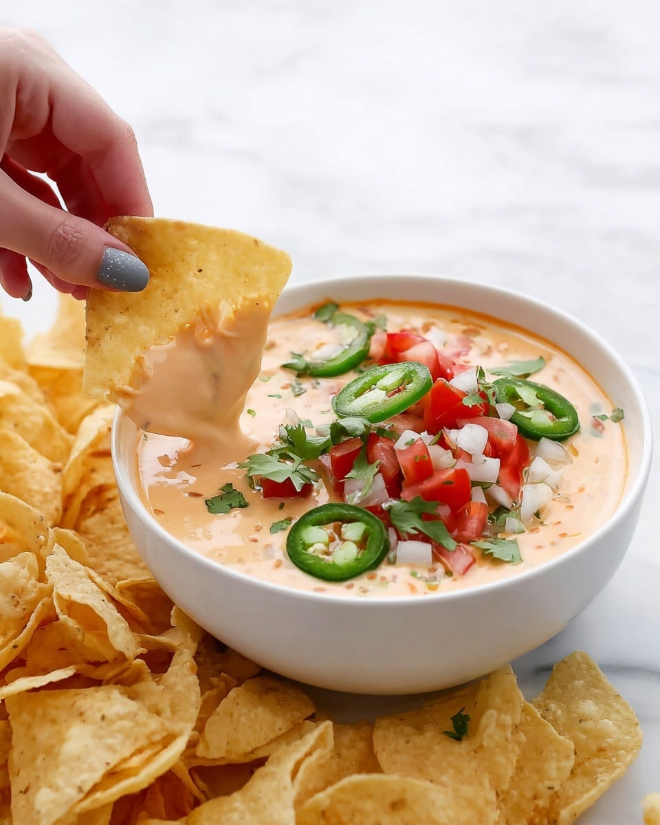 A white bowl filled with creamy light orange dip topped with chopped red tomatoes, white onions, bright green jalapeño slices, and cilantro leaves, surrounded by a pile of light yellow tortilla chips on a white marbled surface, while a woman's hand with gray nail polish dips a triangular chip into the sauce, the chip partially covered with the smooth dip photo taken with an iphone --ar 4:5 --v 7