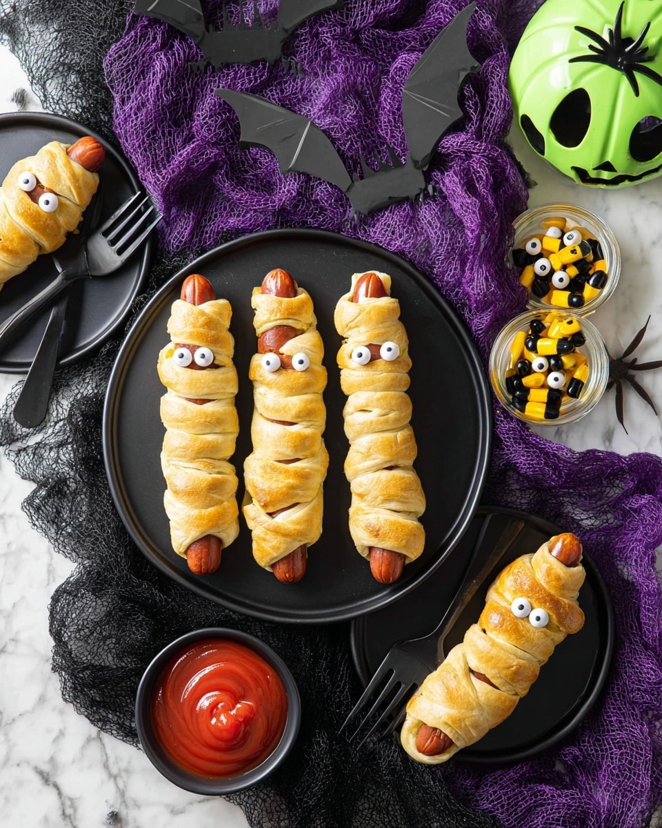 The image shows four hot dogs wrapped in twisted, light golden-brown dough strips that mimic mummy bandages. Each hot dog has two white candy eyes with black centers placed near the top, giving a playful and spooky look. The dough strips wrap around the hot dogs unevenly, with some areas showing the reddish-brown hot dog visible between bands. The hot dogs lie on a smooth black plate that contrasts with the warm tones of the dough and hot dogs, all set on a white marbled surface. The lighting highlights the soft texture of the dough and shiny surface of the hot dogs. photo taken with an iphone --ar 4:5 --v 7