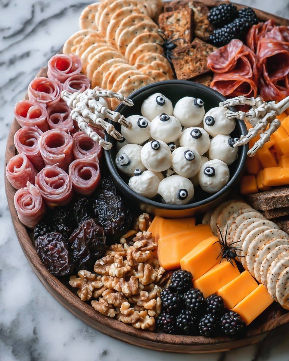 A round wooden board holds a colorful charcuterie platter on a white marbled surface. In the center, a black bowl is filled with white cheese balls topped with single black dots resembling eyes, with plastic skeleton hands reaching into the bowl. Surrounding the bowl clockwise are rolled pink prosciutto slices, dark purple olives, beige crackers with black seeds, orange cheddar cheese cubes, walnut clusters, tightly folded red salami slices, and nut bread pieces with dried fruit. Bright orange slices of cheddar cheese decorated with small black spider shapes and fresh blackberries complete the arrangement. photo taken with an iphone --ar 4:5 --v 7