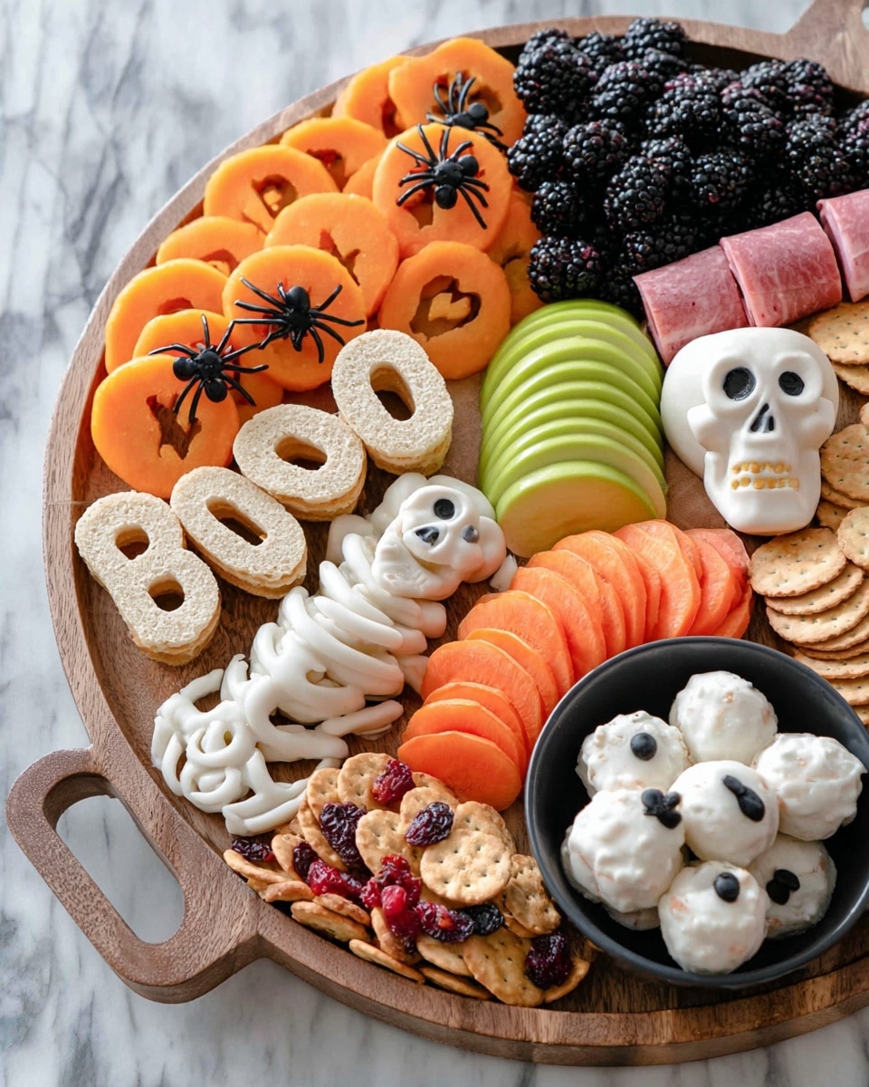 The round wooden tray holds a Halloween-themed snack board with multiple layers and colors. On the left, there are bright orange pumpkin-shaped slices with small black plastic spiders on top, and beige letter-shaped cereal spelling “BOO” placed over them. Next to the pumpkins are dark, shiny blackberries stacked in a pile. Near the center, a white plastic skeleton lies flat with green apple slices arranged like ribs on its right side and pink rolled deli meat placed on the skeleton’s chest area. To the right of the skeleton, thin orange carrot slices create a small layer, followed by light beige crackers stacked next to dark olives. At the bottom of the tray, a cluster of fruit and nut crackers with bits of red and black is visible, and in the black bowl near the front are white round cheese balls with small black dots on top to look like eyeballs. The tray rests on a white marbled surface. Photo taken with an iphone --ar 4:5 --v 7