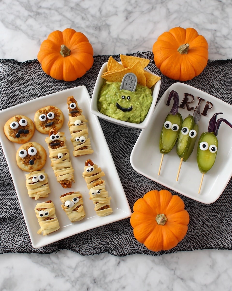 The image shows two white square plates on a white marbled surface with a black mesh cloth underneath and three small orange pumpkins around. The left plate has nine small, orange, round snack pieces decorated as monsters with white candy eyes and black mouths, three of which are wrapped with light beige strips to look like mummies. The right plate holds three green snack skewers decorated as Frankenstein monsters with white candy eyes, black stitched mouths, and black hair made from a topping, with pretzel sticks as arms. Between the plates, there is a small white bowl filled with green dip, decorated with a bat, a twisted tree, and a tombstone shaped from light beige pieces, the tombstone has